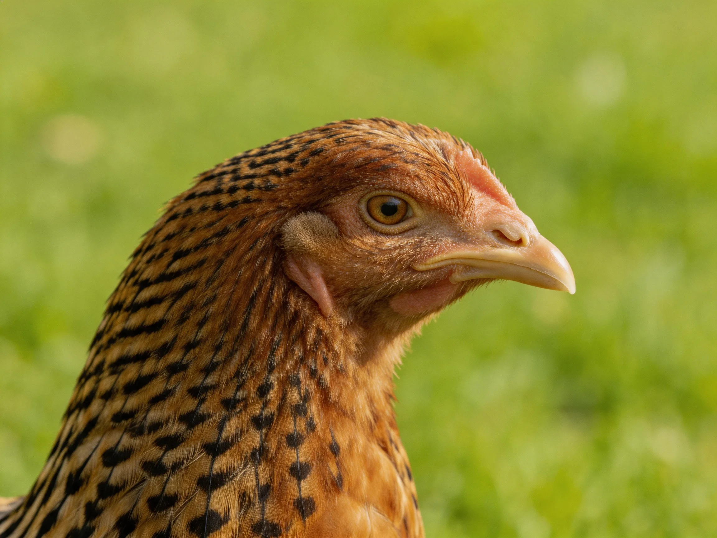 A close-up of a brown-spotted chicken with black feather markings