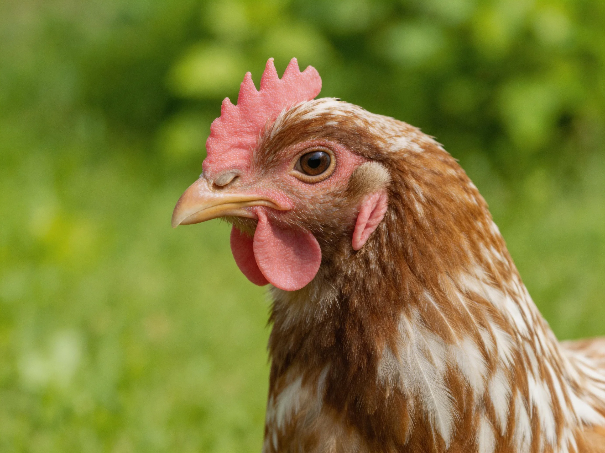 A close - up of a brown - spotted chicken with pink comb and wattles