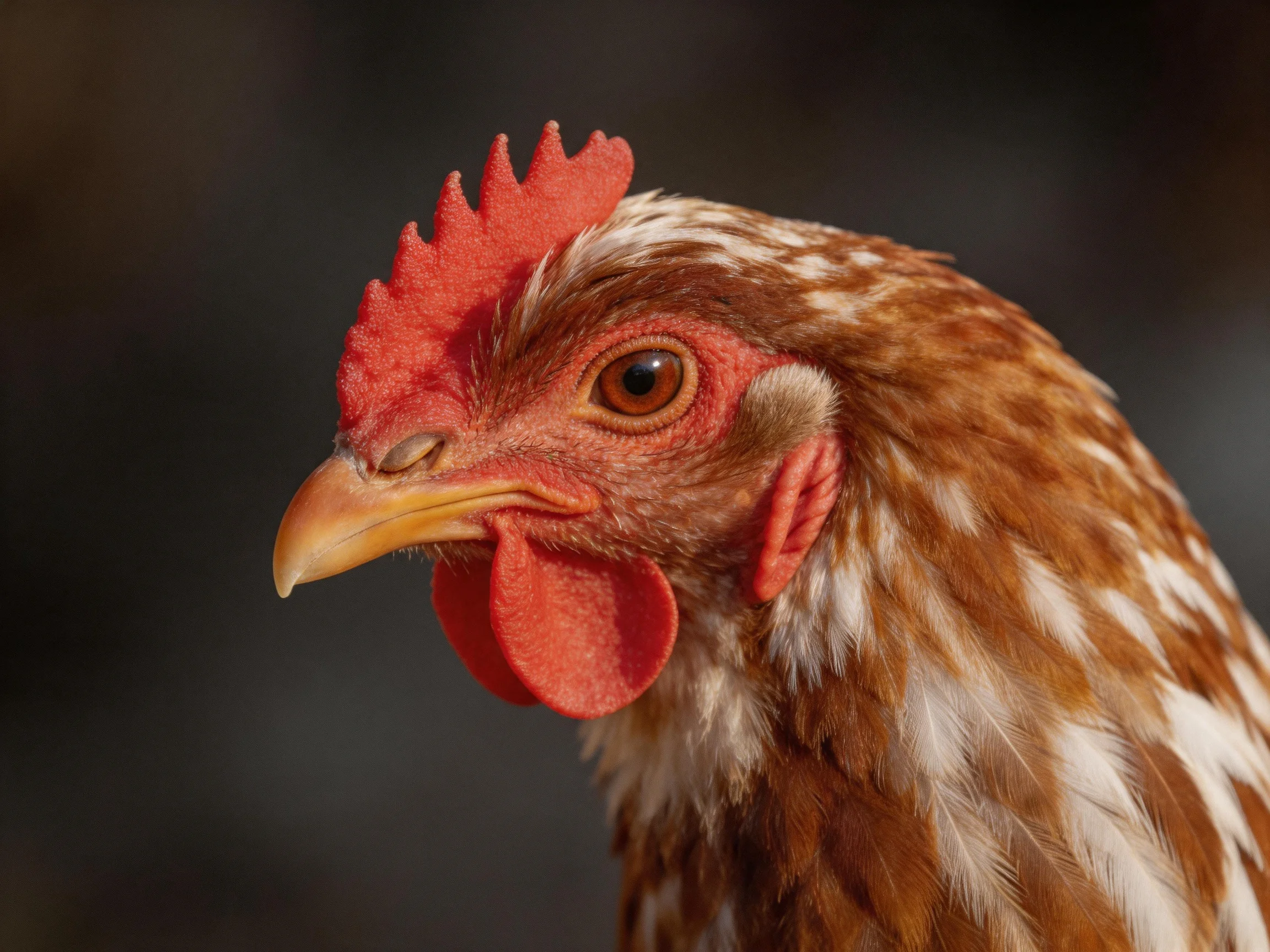 A close-up of a brown-spotted chicken with red comb and wattles