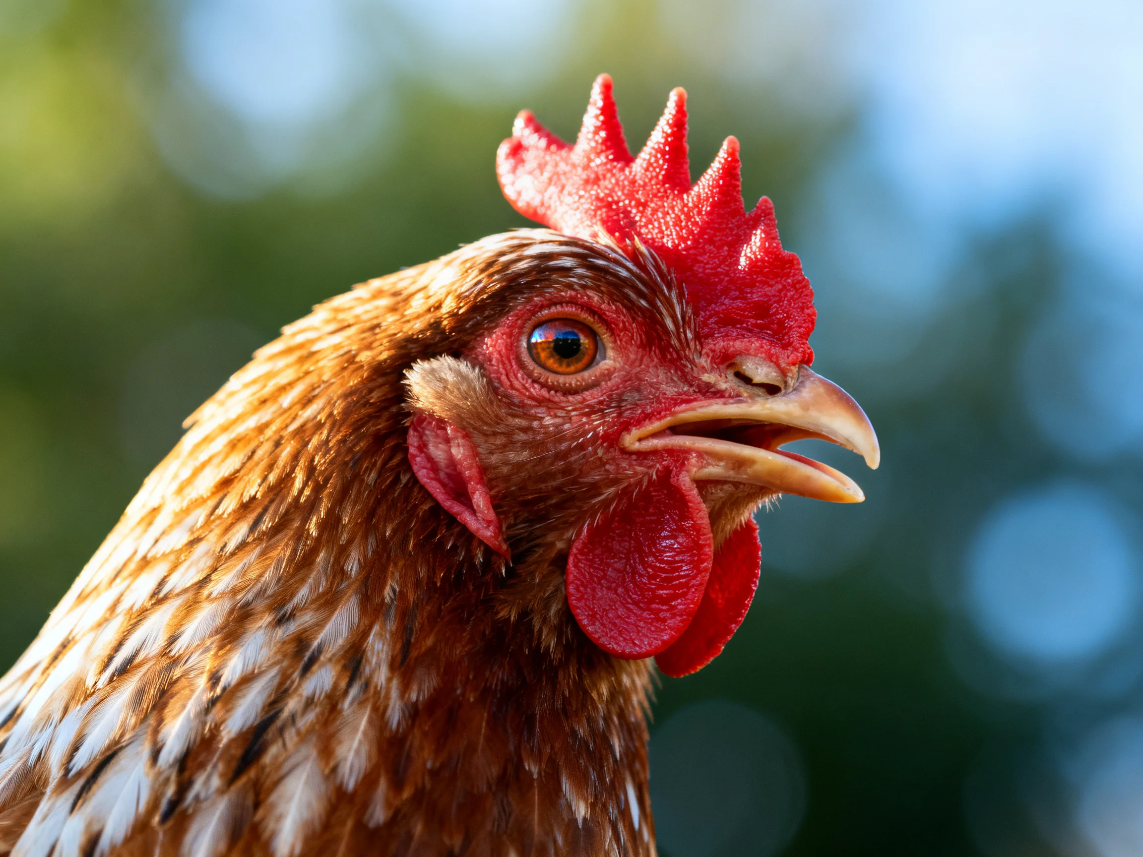 A close-up of a brown-spotted chicken with vibrant red comb