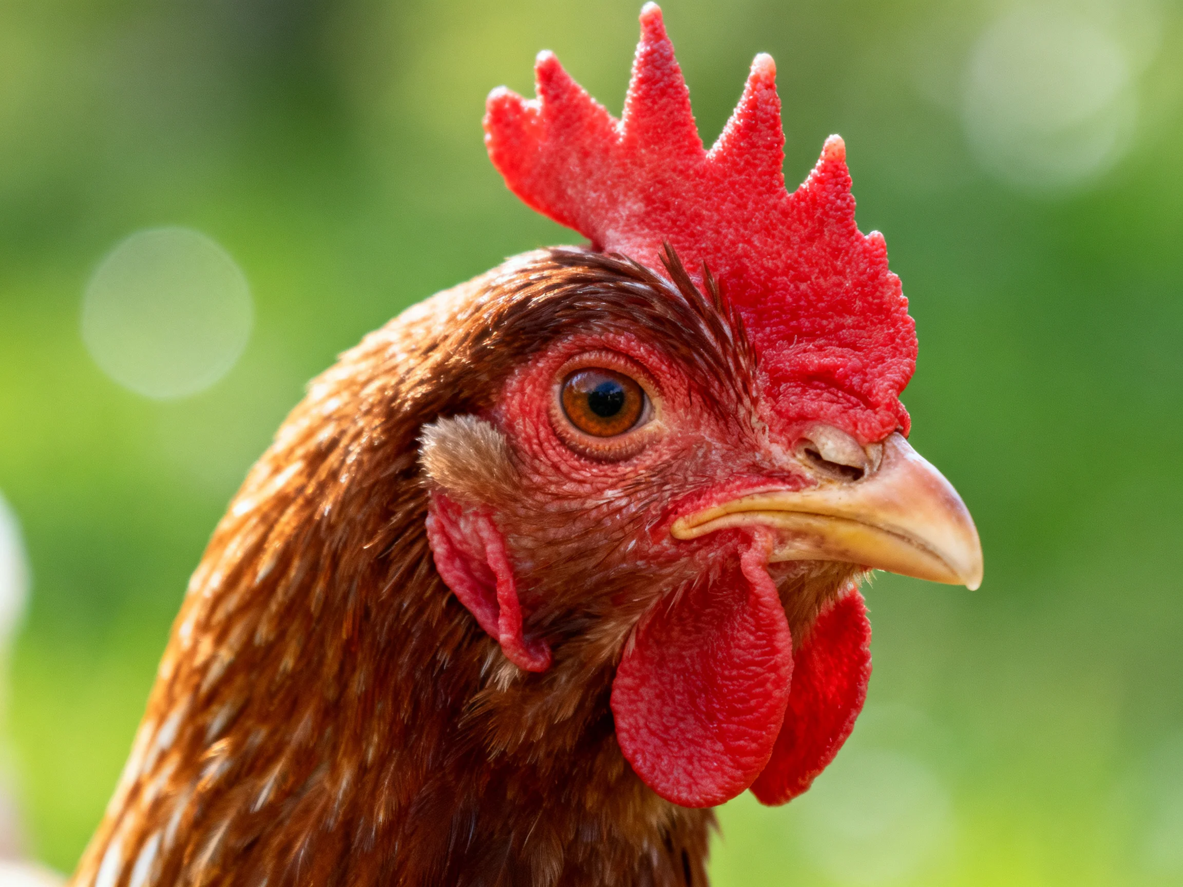 A close-up of a brown-spotted chicken with vibrant red comb