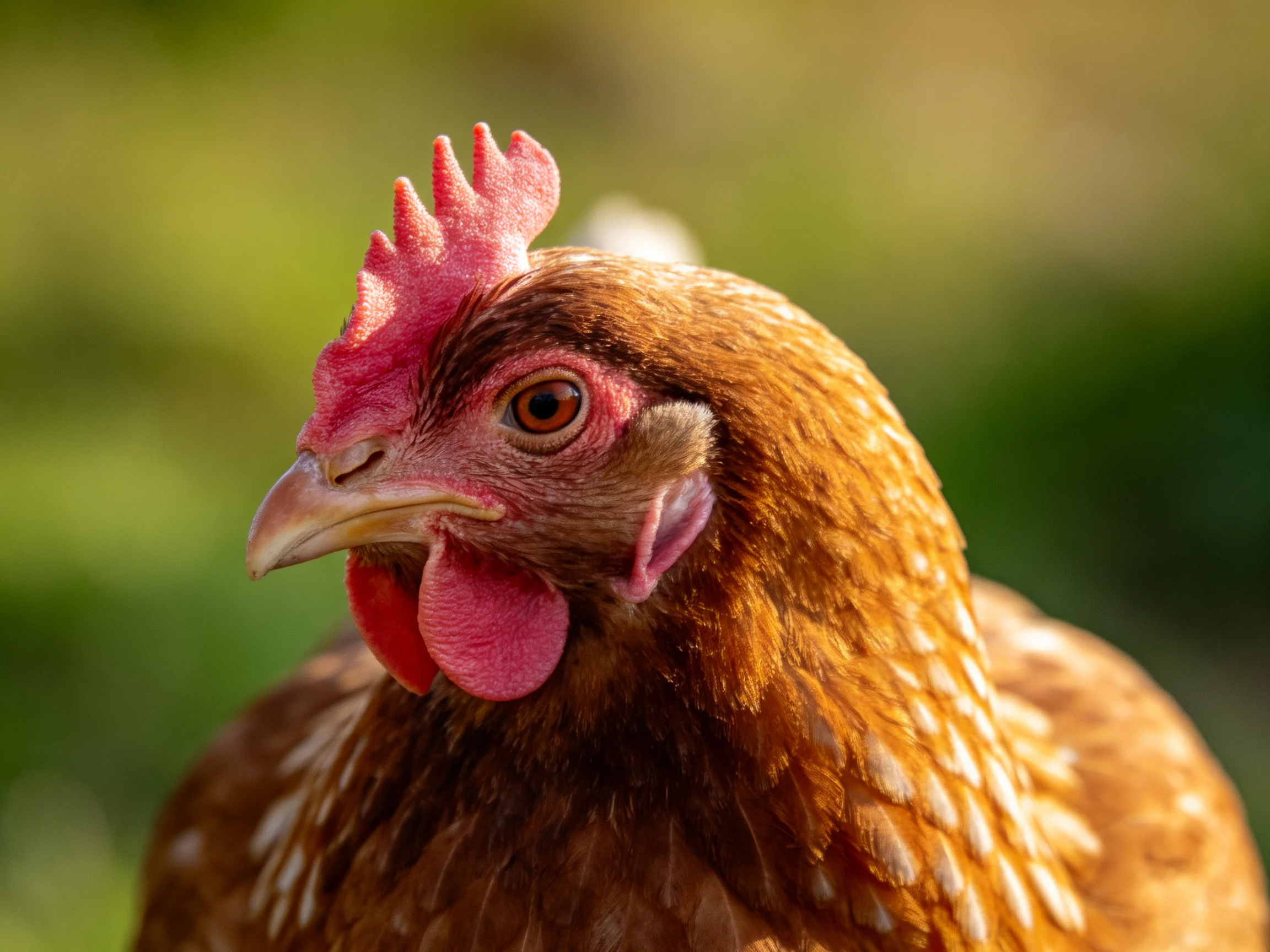 A close - up of a brown - spotted hen with vibrant pink comb