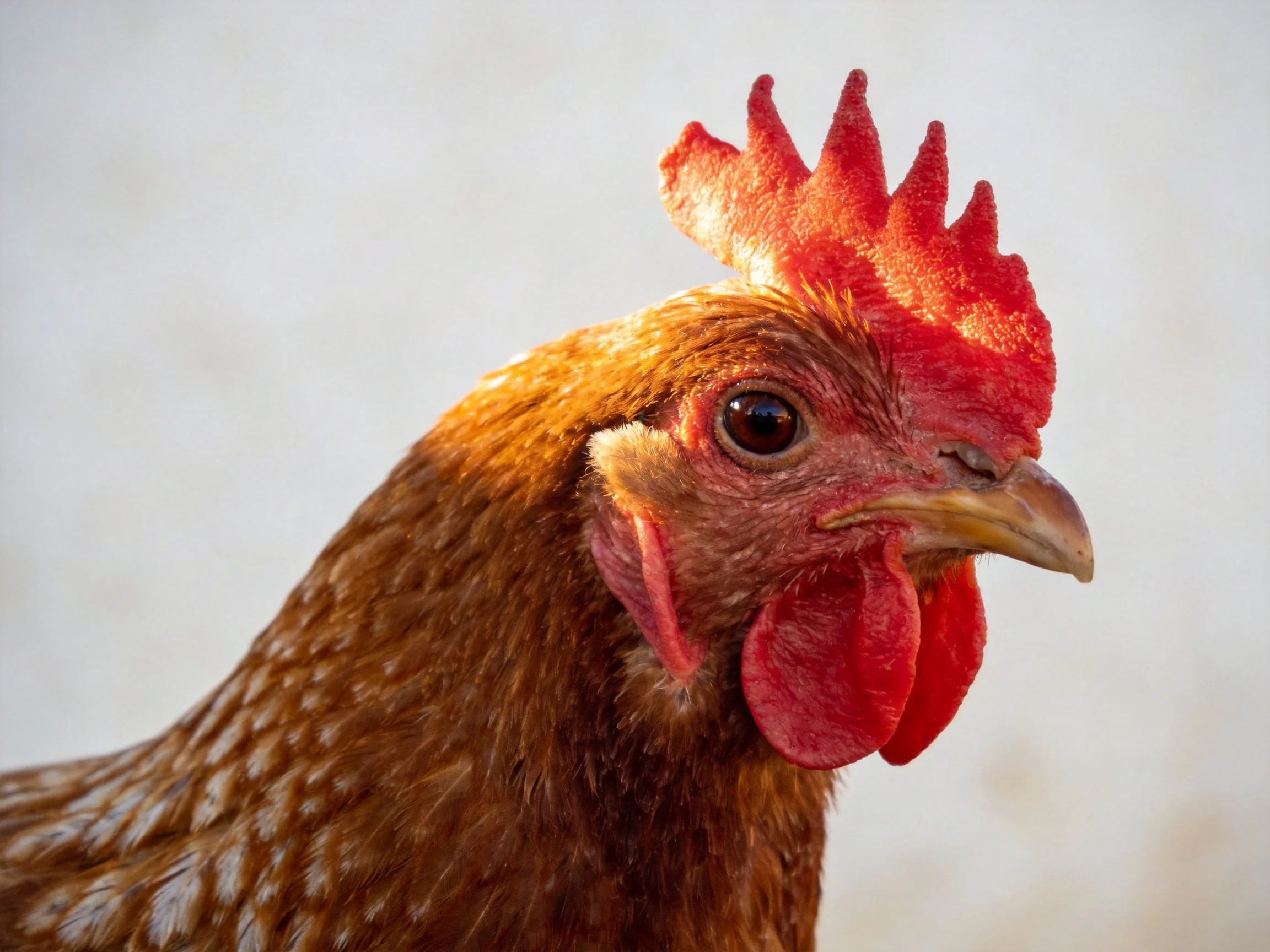 A close-up of a brown-spotted hen with vibrant red comb