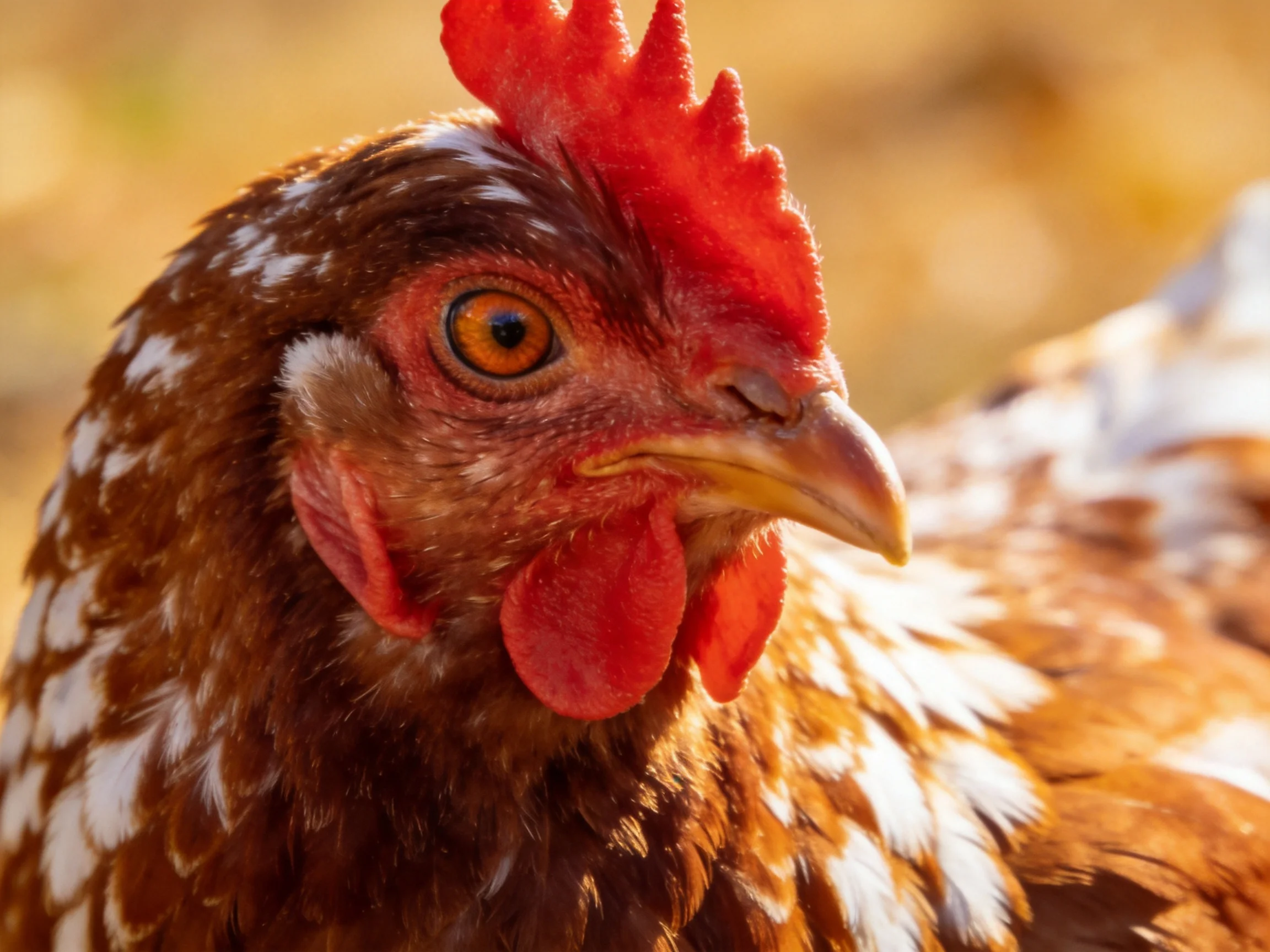 A close-up of a brown-spotted hen with vibrant red comb