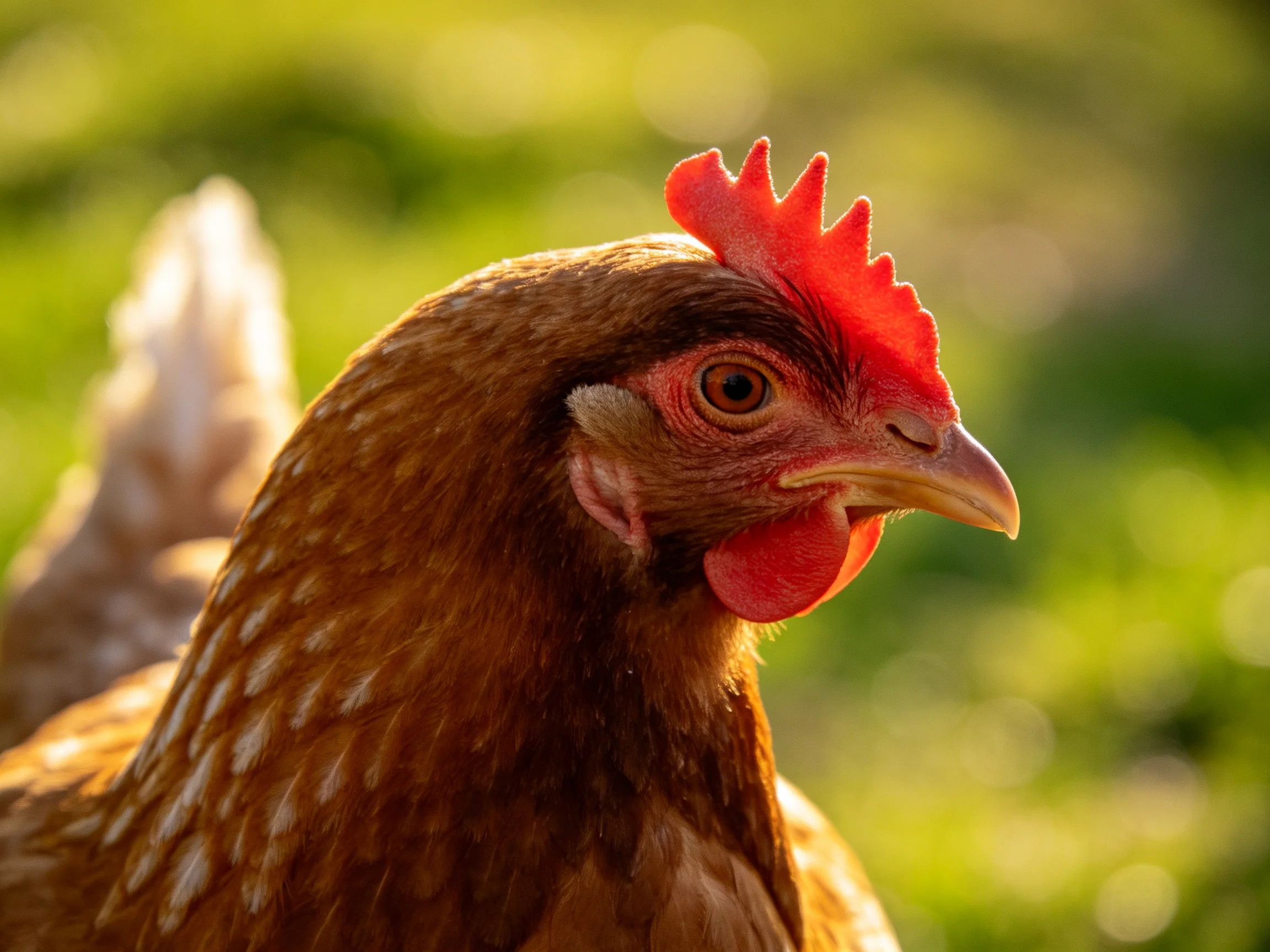 A brown-spotted hen with a bright red comb appears in a sunlit outdoor scene.