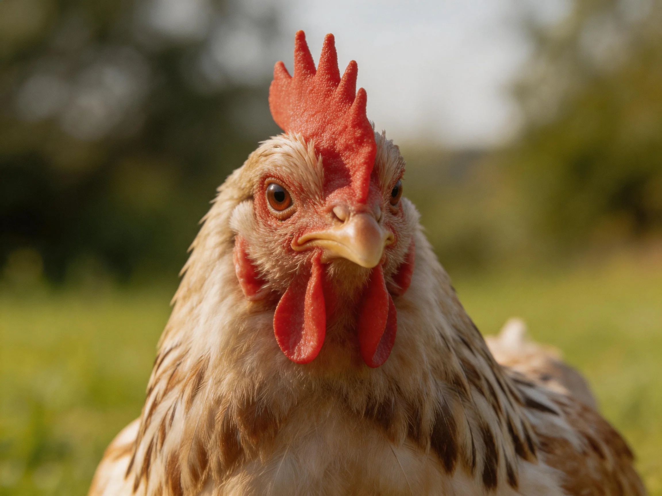 A close-up of a chicken with a bright red comb in a green outdoor field