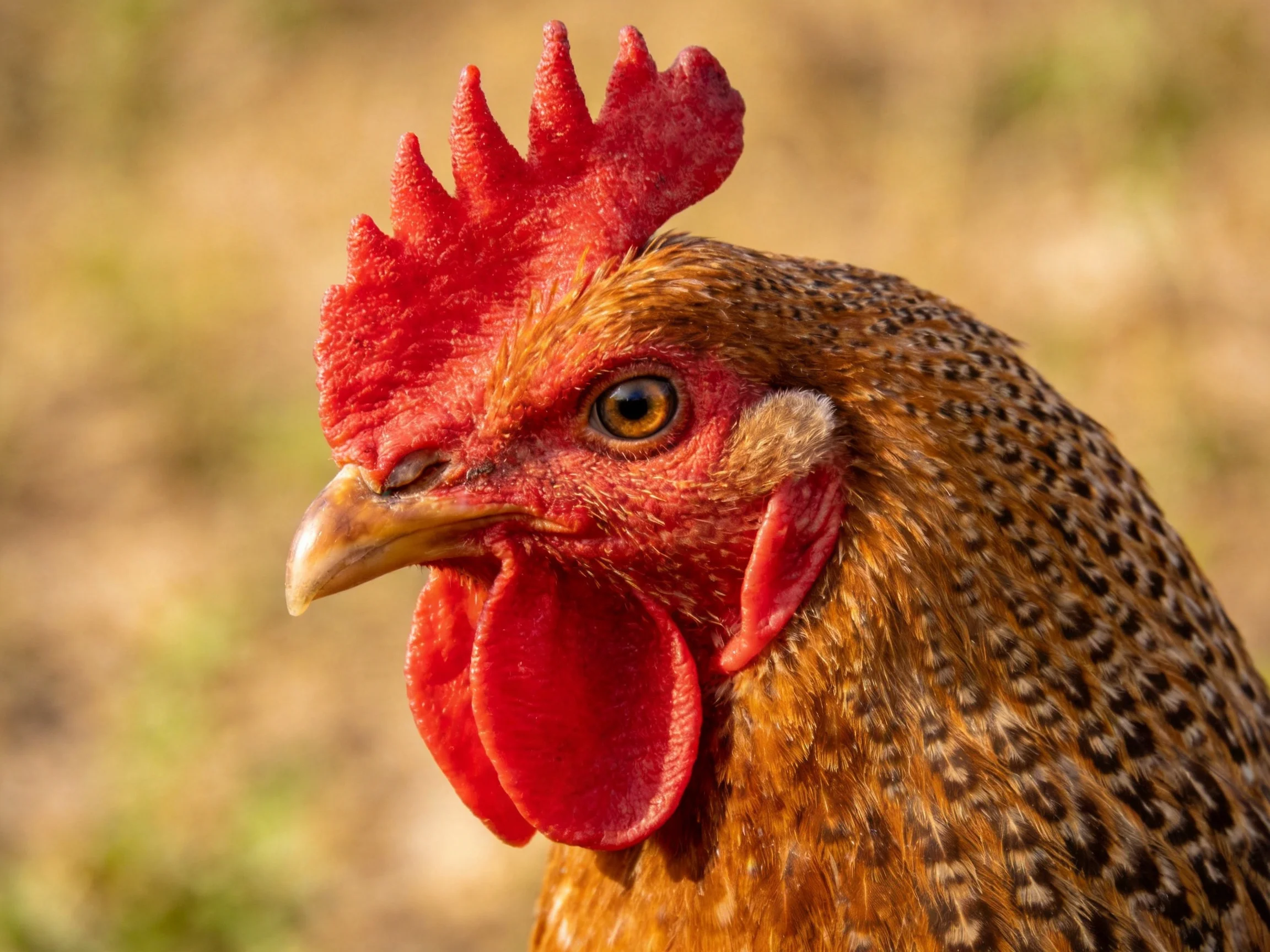 A close-up of a chicken with vibrant red comb and brown speckled feathers
