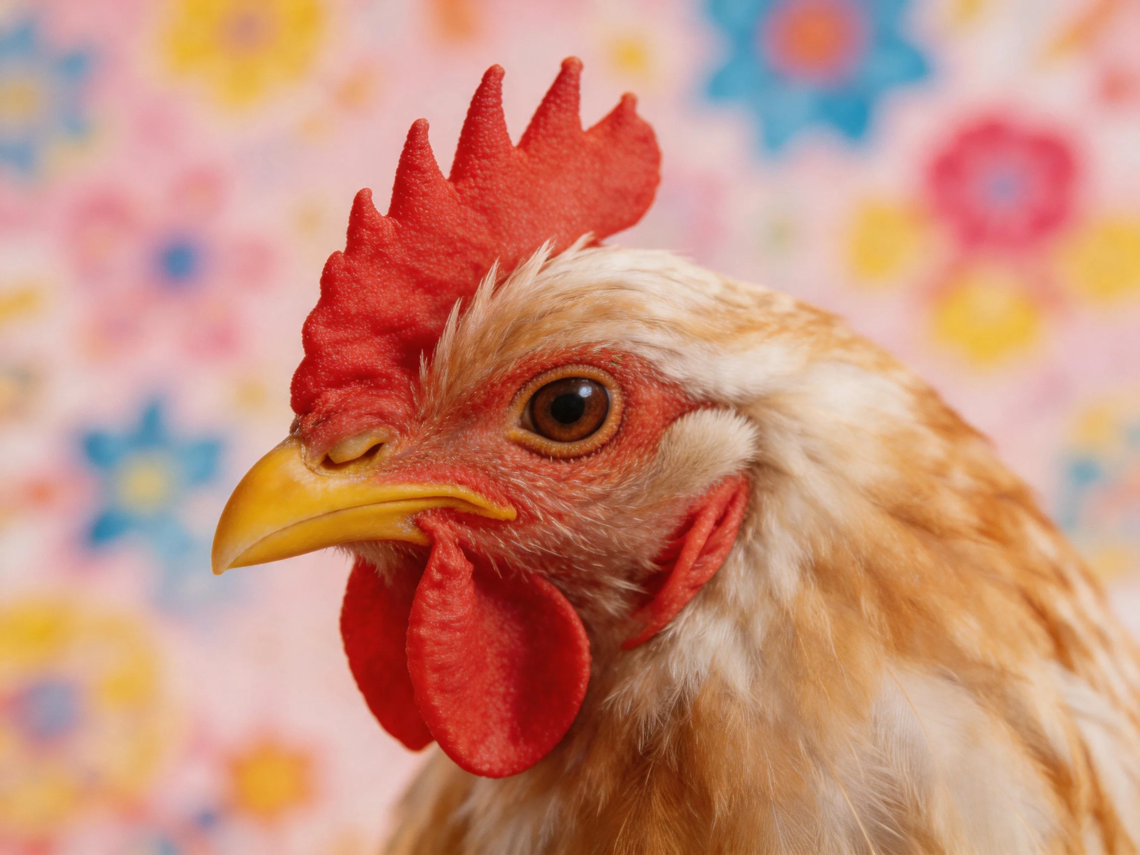 A close - up of a chicken with vibrant red comb and yellow beak against a colorful floral backdrop