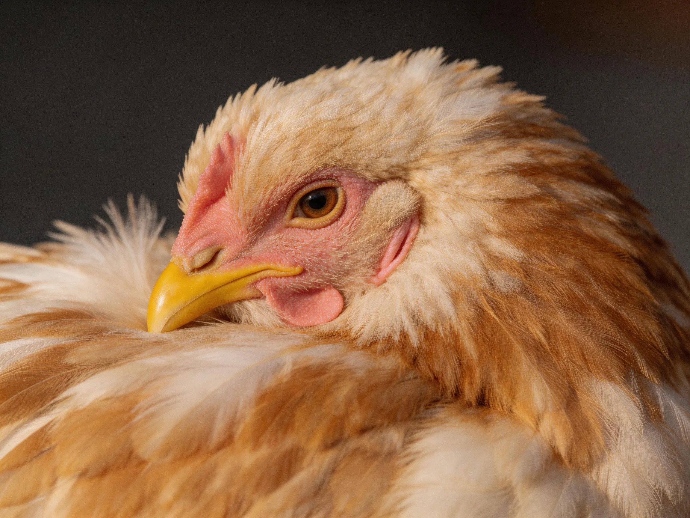 A close - up of a fluffy brown and white chicken with a yellow beak