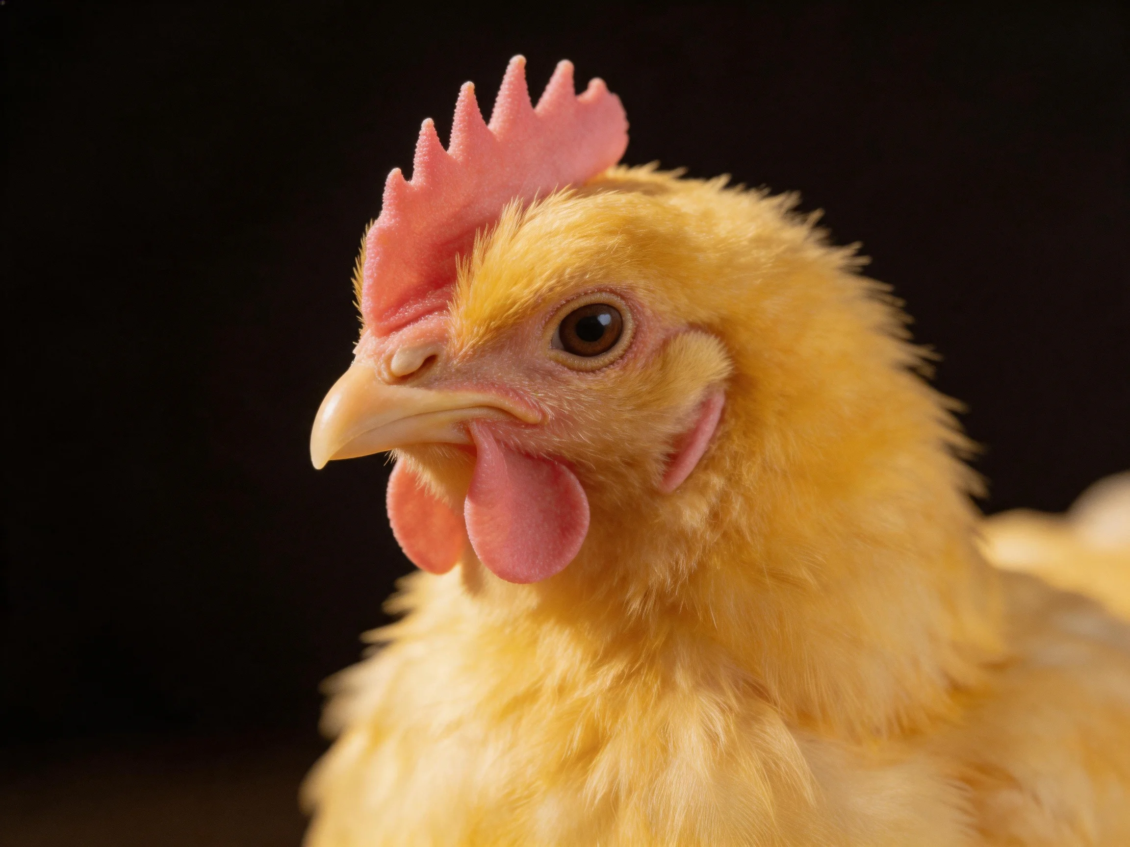 A close - up of a fluffy yellow chick with pink comb and wattles