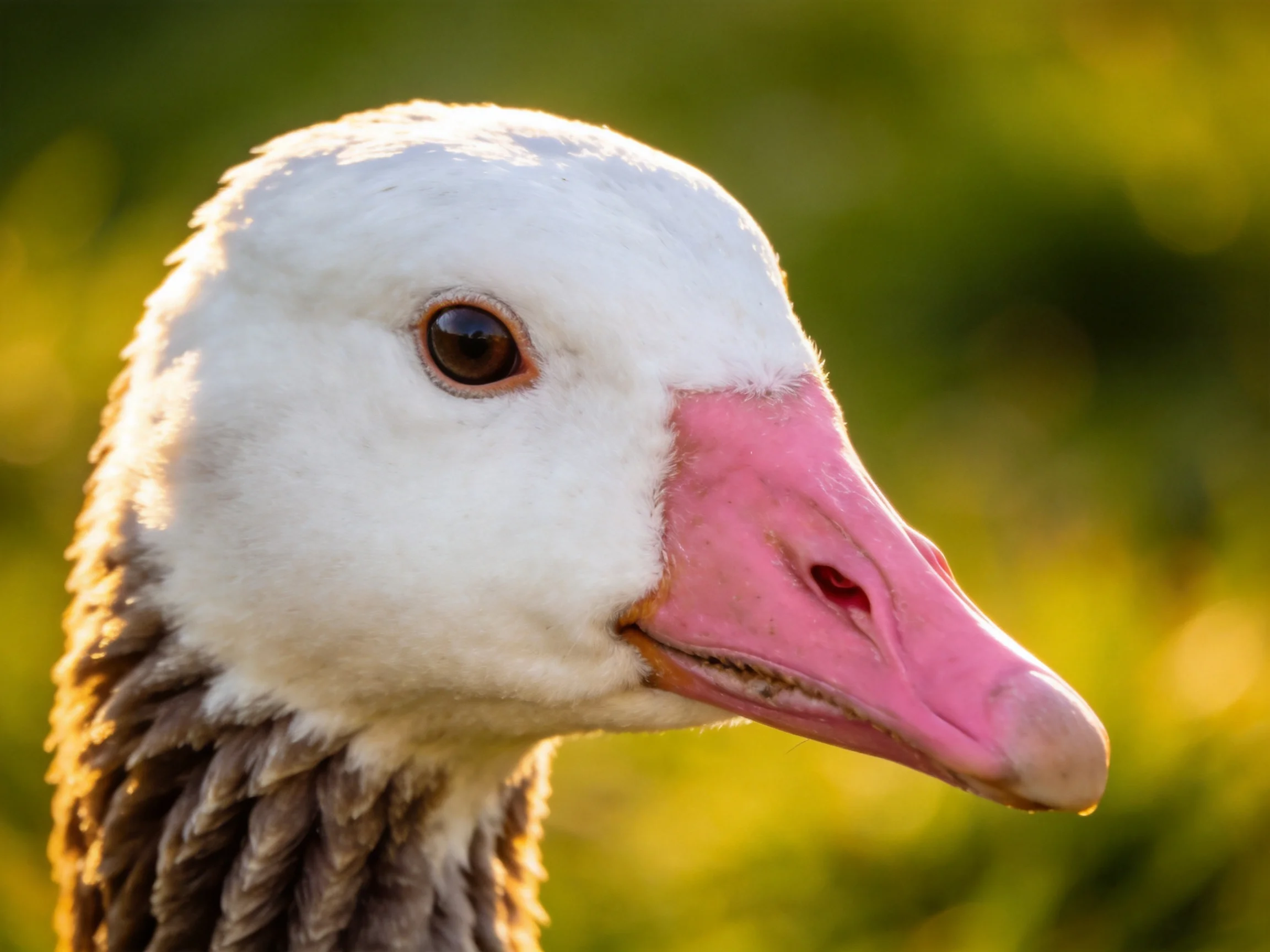 A close - up of a goose with white head and pink beak against a blurred green background