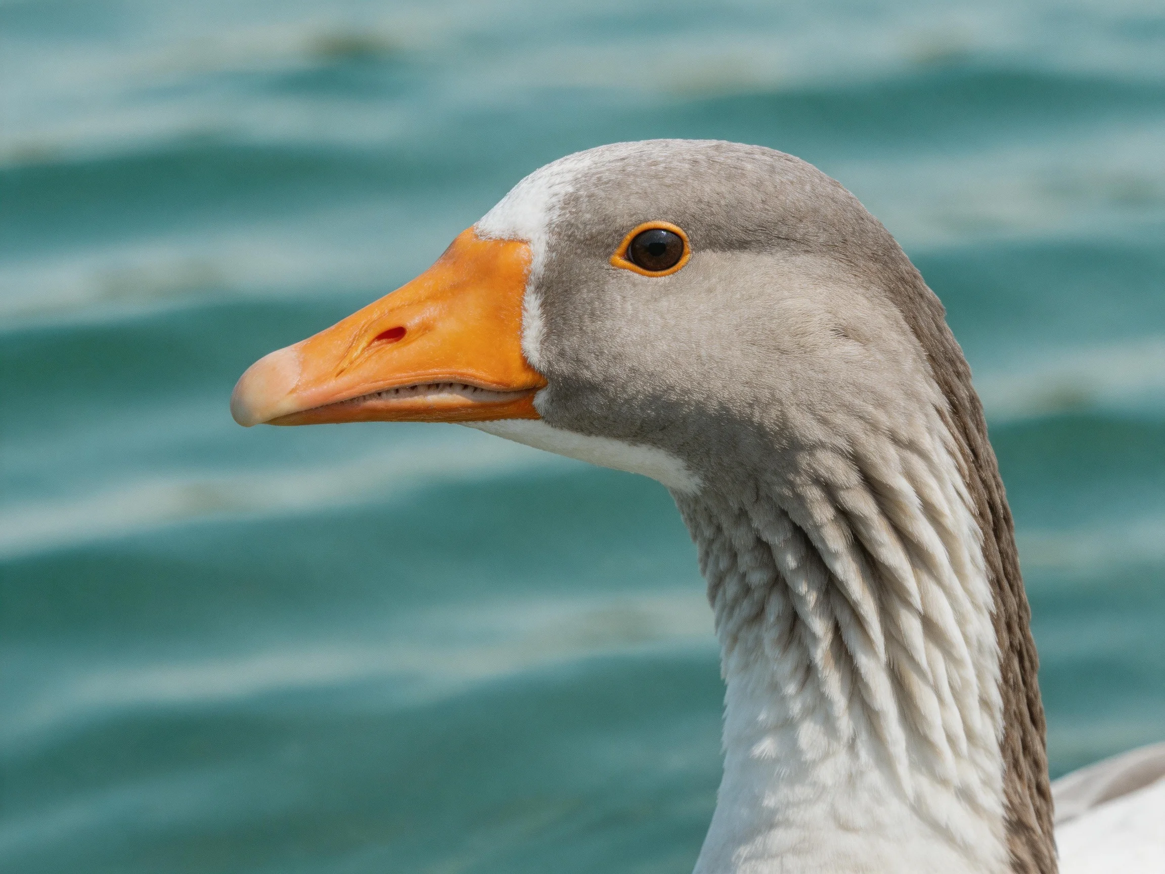 A close - up of a gray and white goose with an orange beak by rippling water
