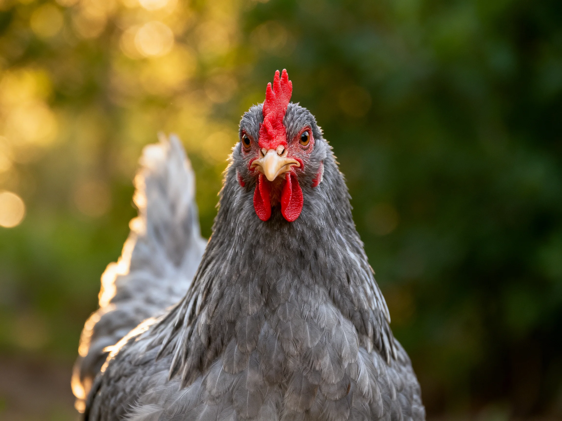 A close - up of a gray chicken with vibrant red comb and wattles