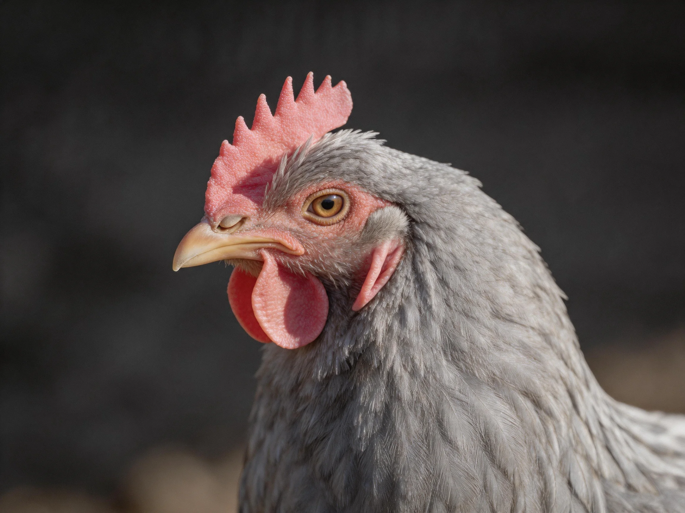 A close-up of a gray-feathered chicken with pink comb and wattles
