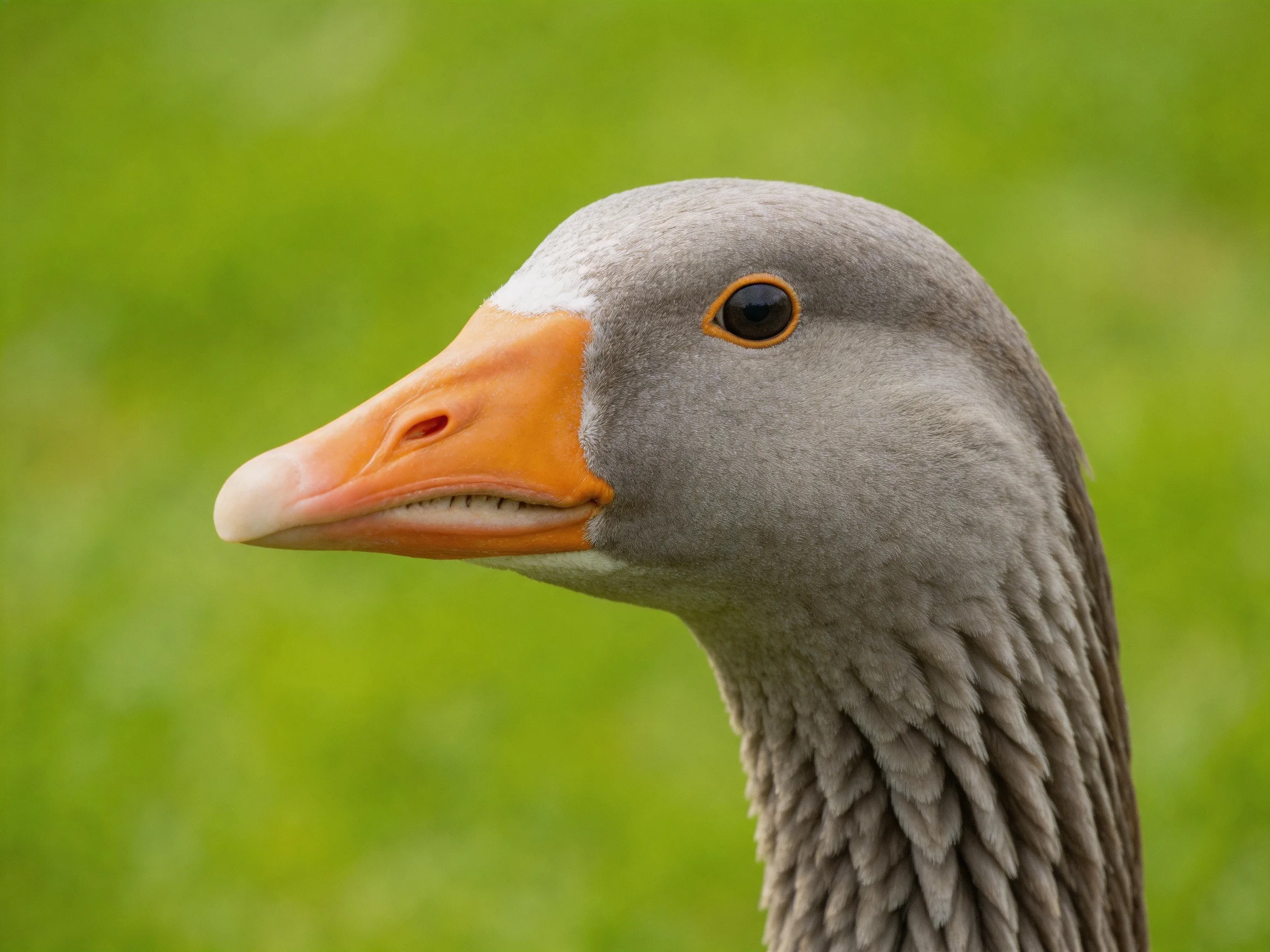 A close-up of a gray-feathered goose with an orange beak against a green backdrop
