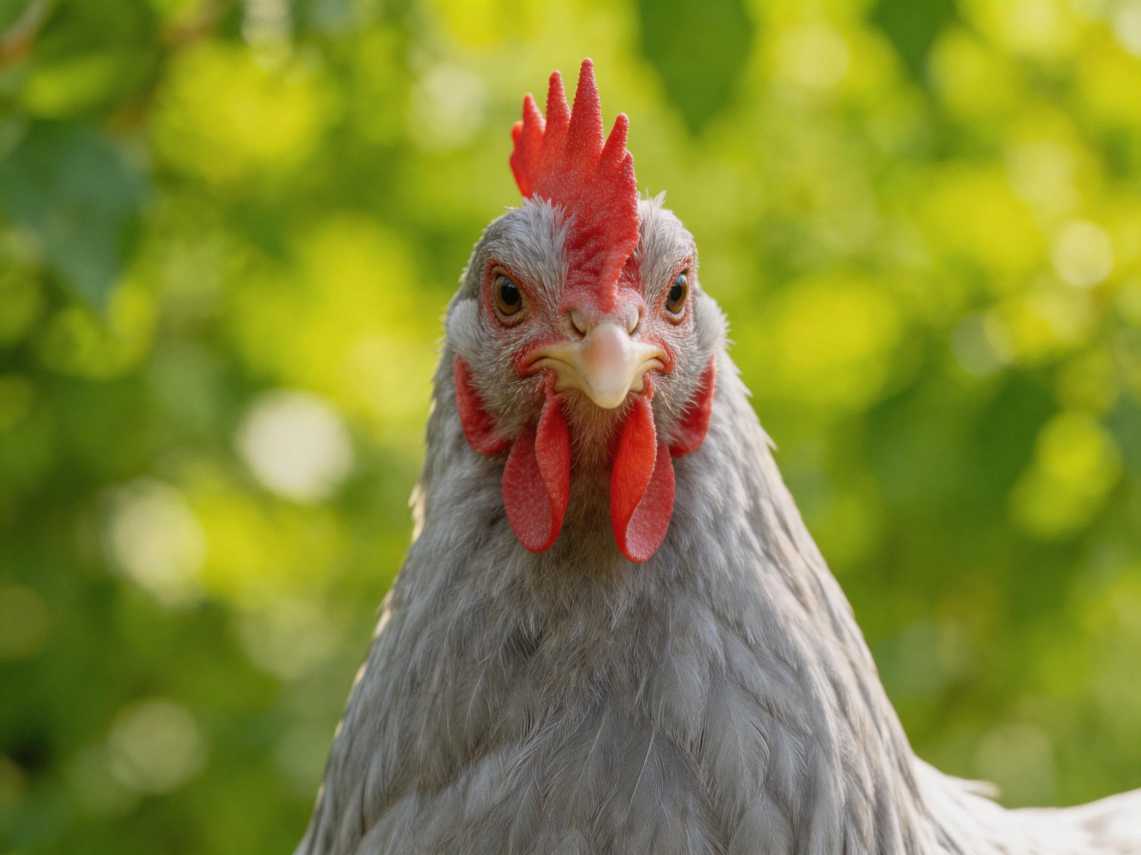 A close-up of a gray-feathered hen with bright red comb and wattles