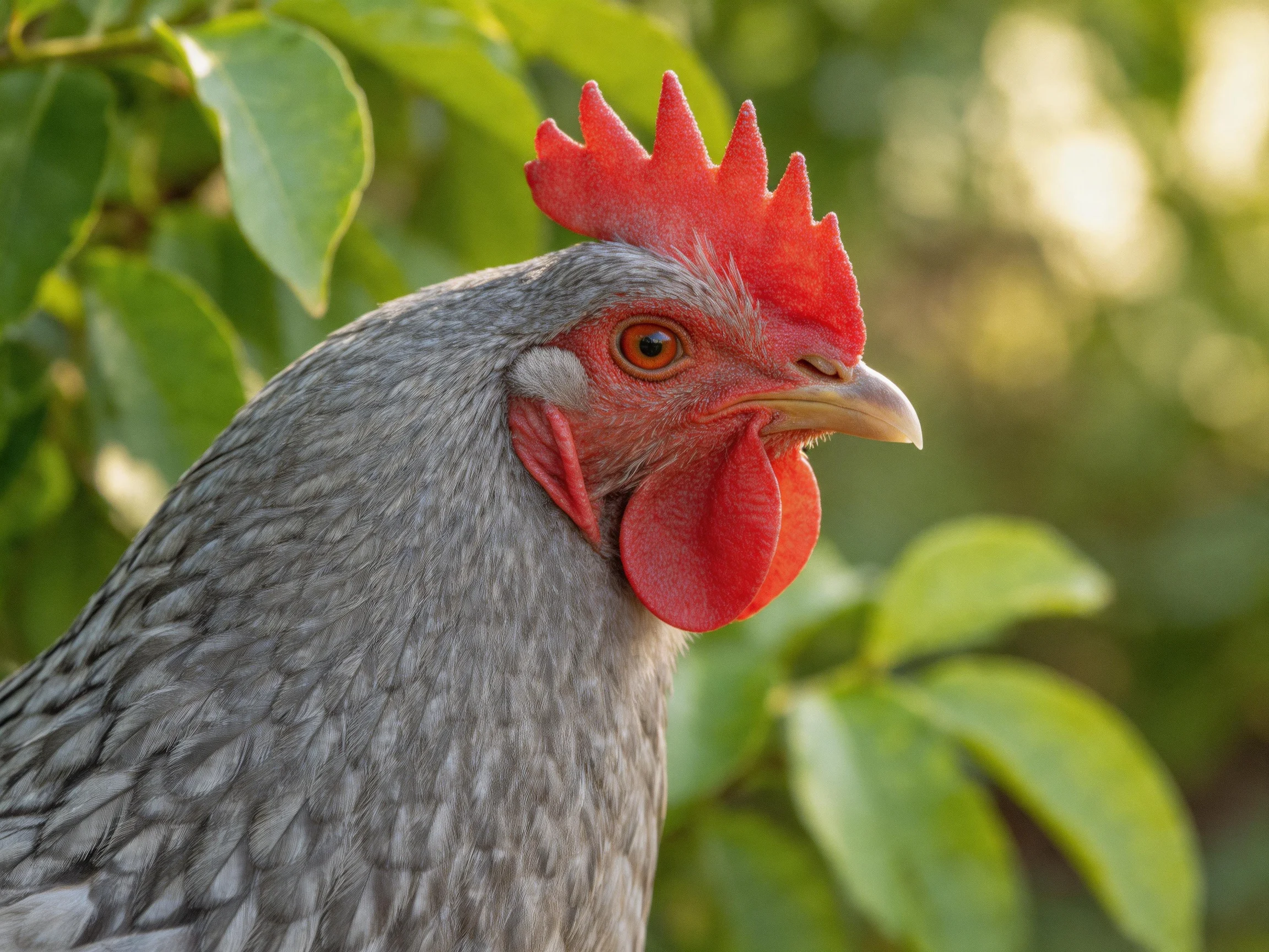 A close-up of a gray-feathered hen with vibrant red comb near green leaves