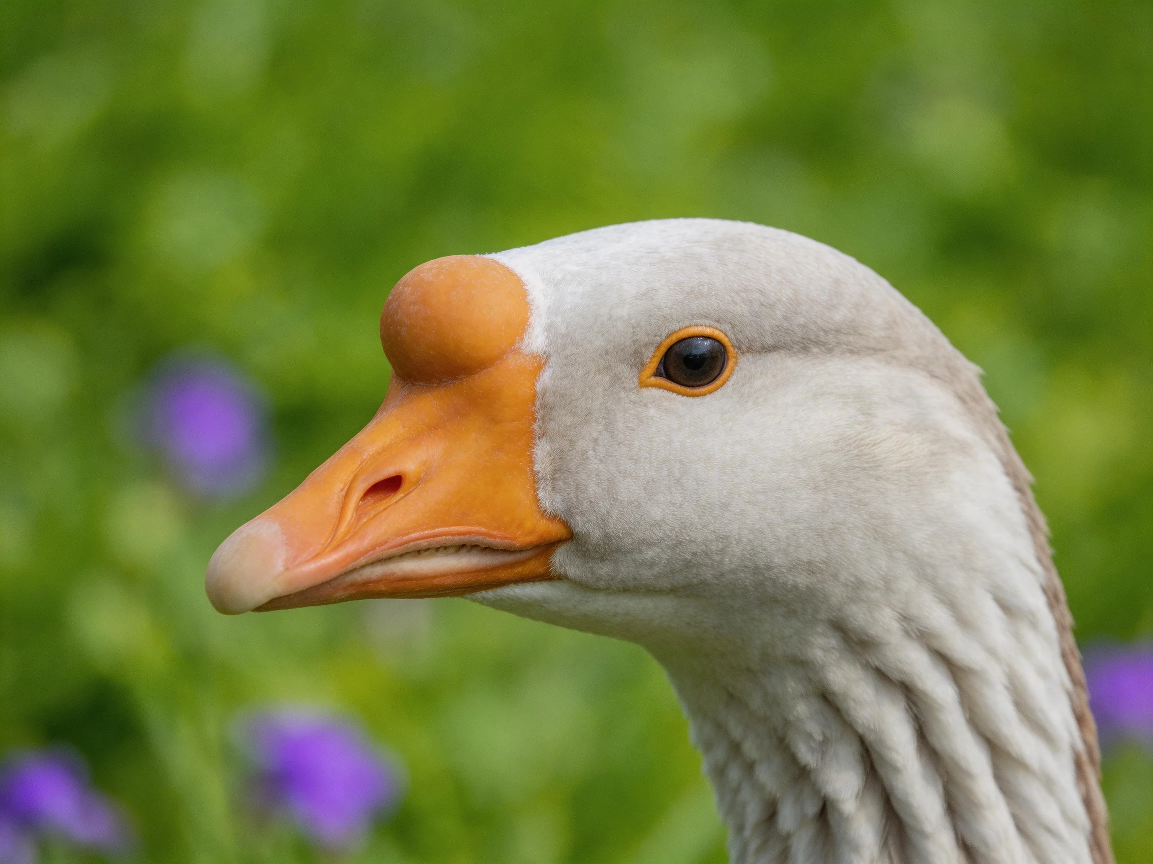 A close - up of a gray goose with an orange beak amid greenery and purple flowers