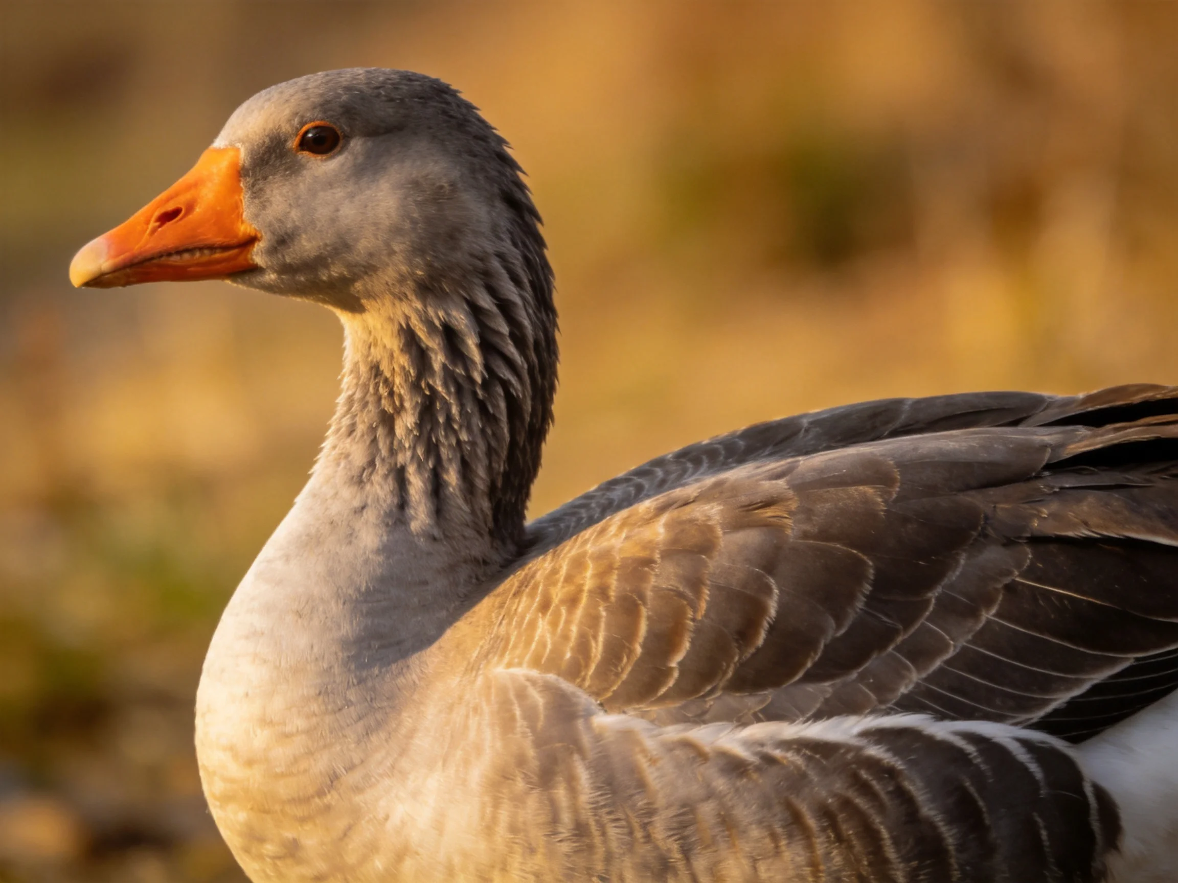 A close-up of a gray goose with an orange beak and brown wings
