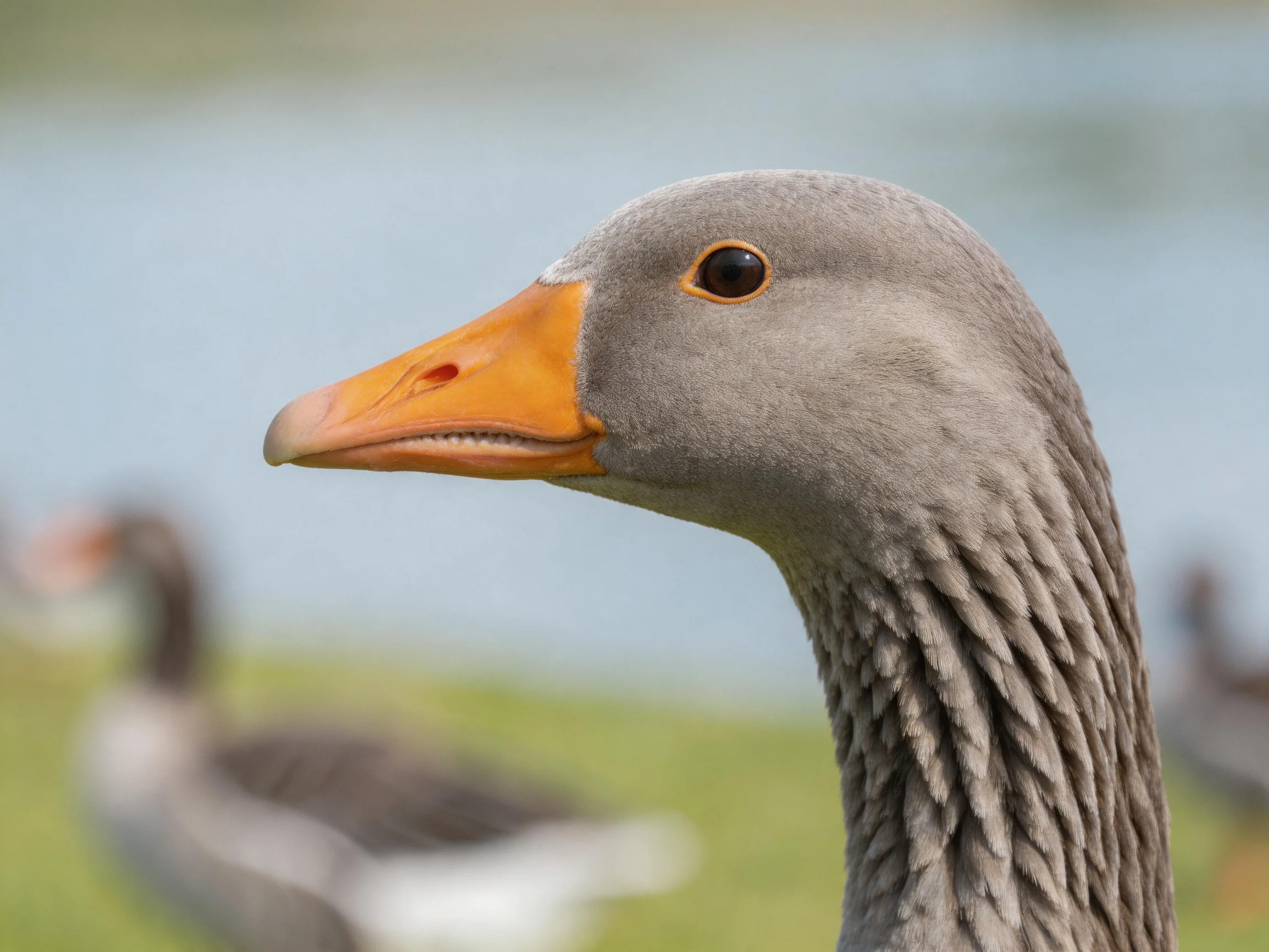A close - up of a gray goose with an orange beak near water