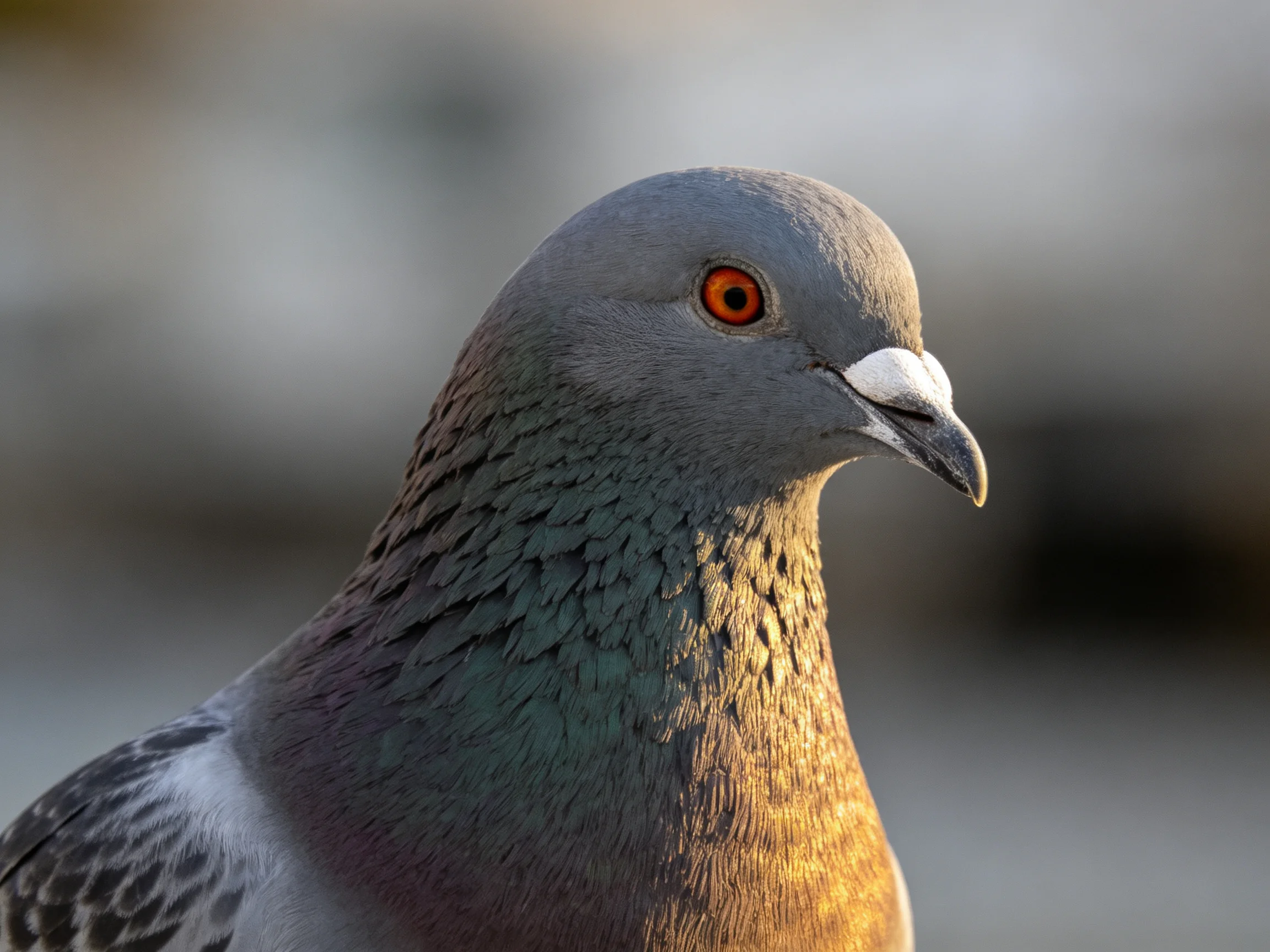 A close - up of a gray pigeon with iridescent neck feathers and an orange eye