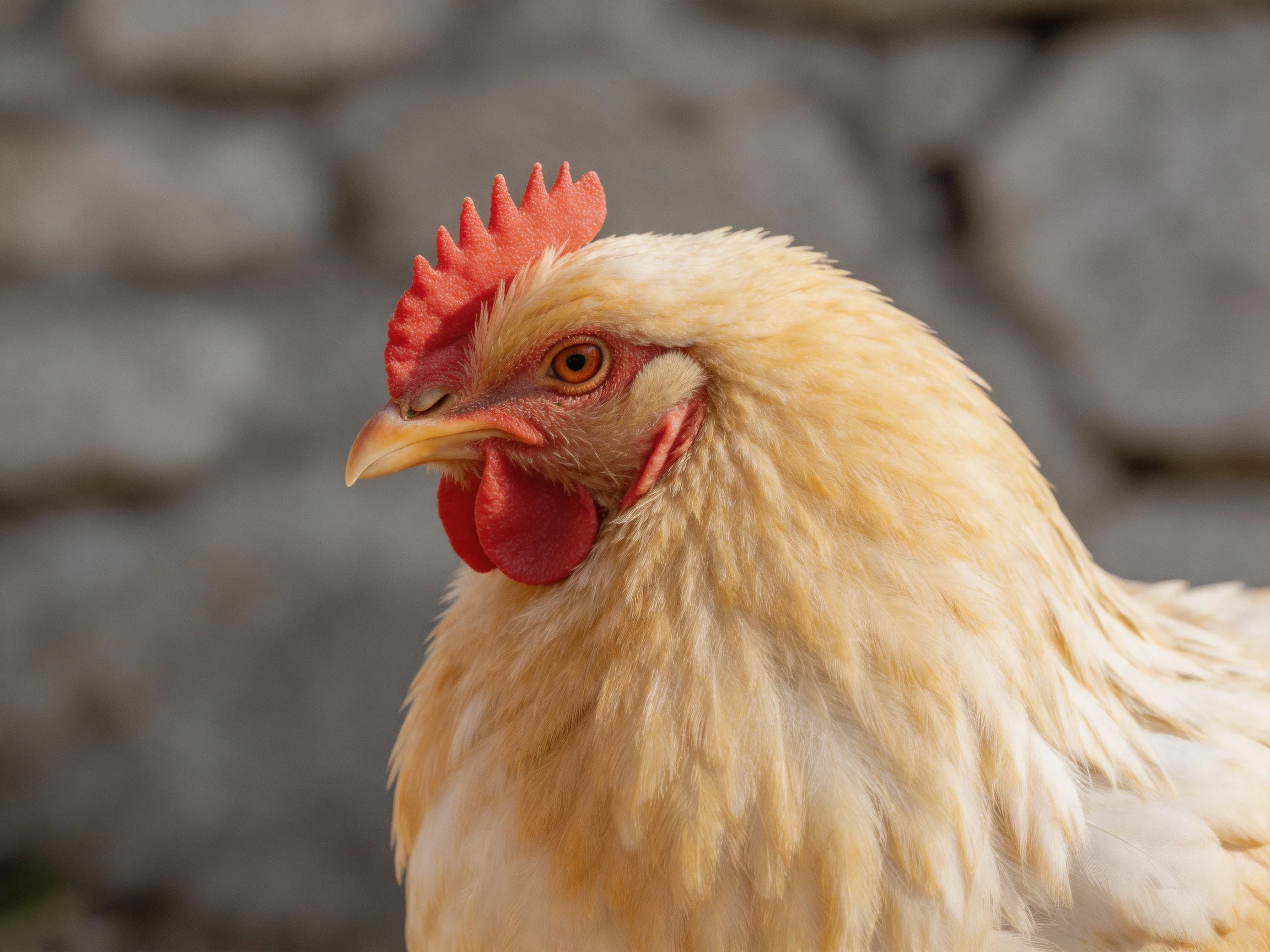 A close - up of a light brown chicken with a red comb near a stone wall