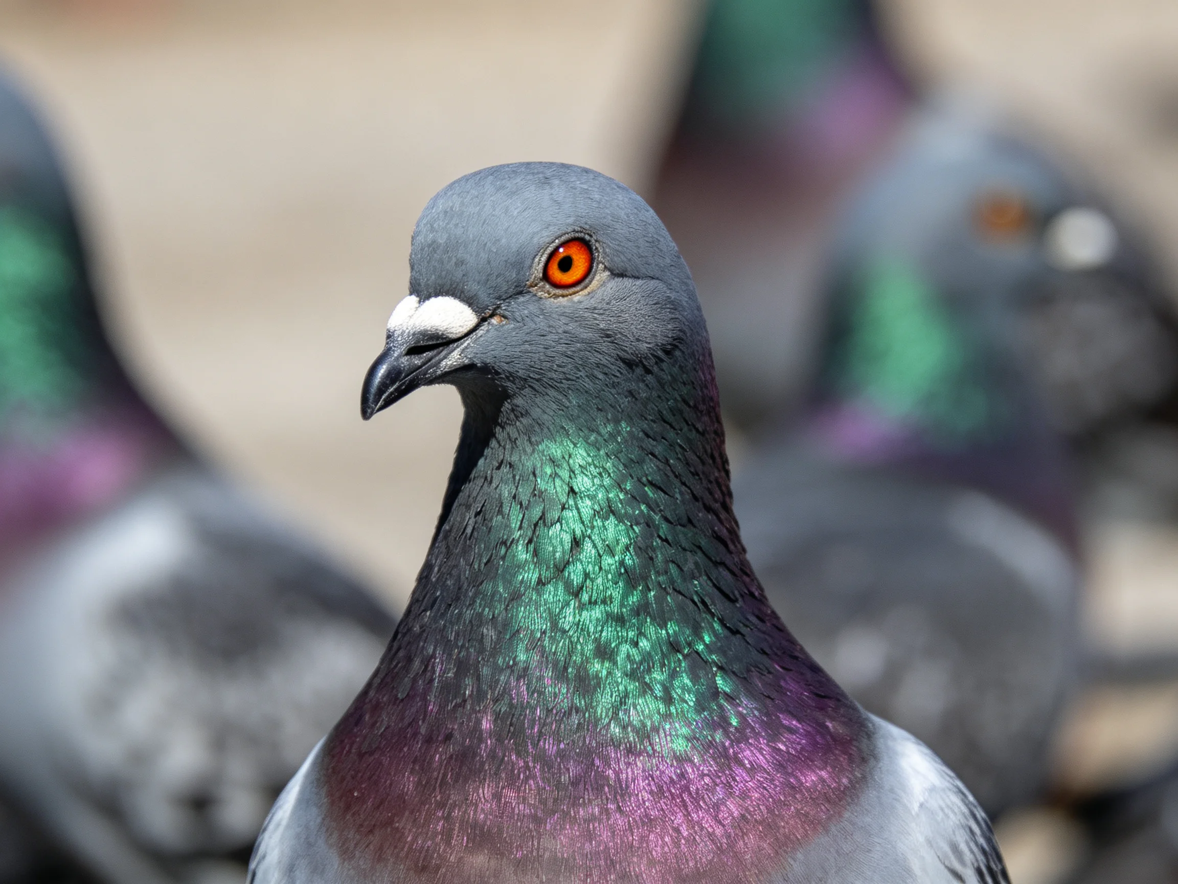 A close-up of a pigeon with iridescent green and purple plumage