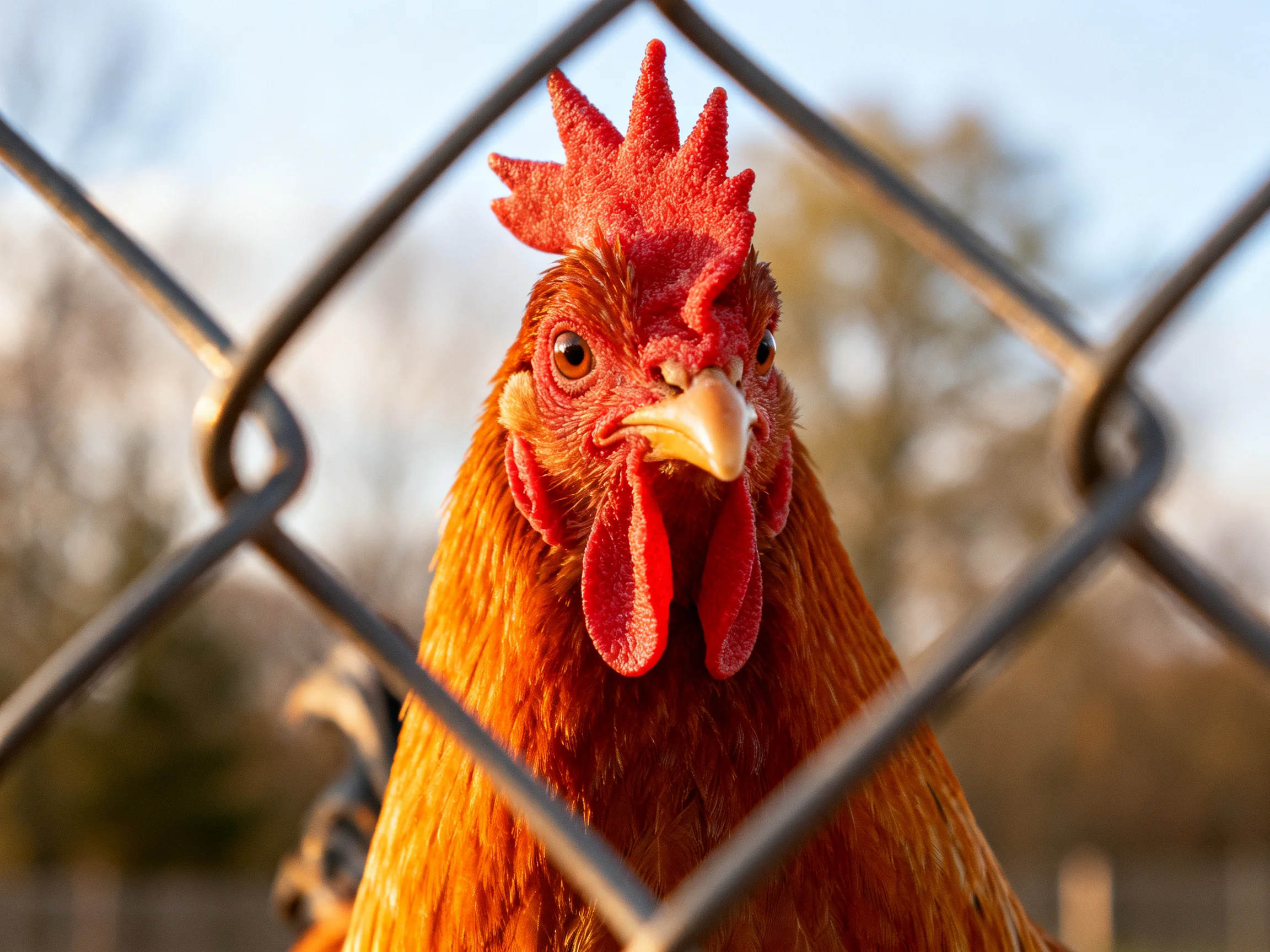 A close-up of a red-combed rooster behind a chain-link fence