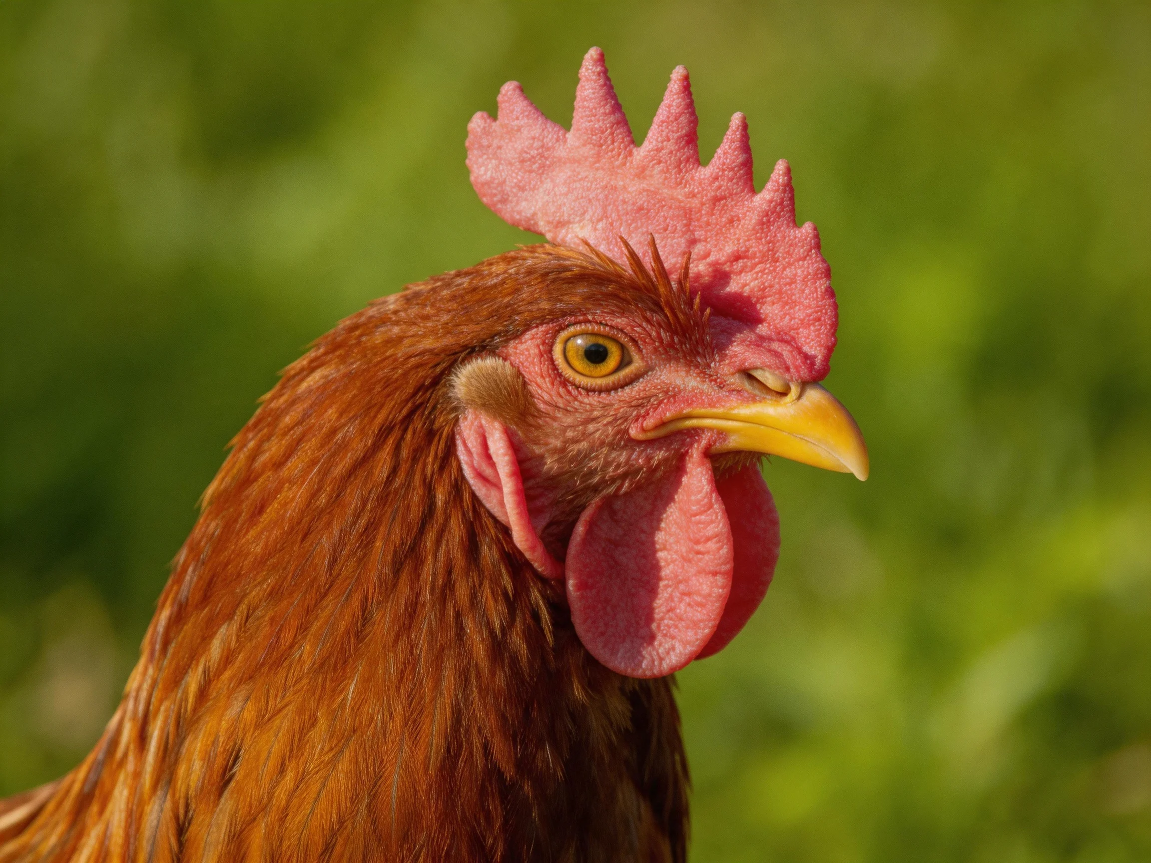 A close - up of a reddish - brown chicken with pink comb and yellow beak