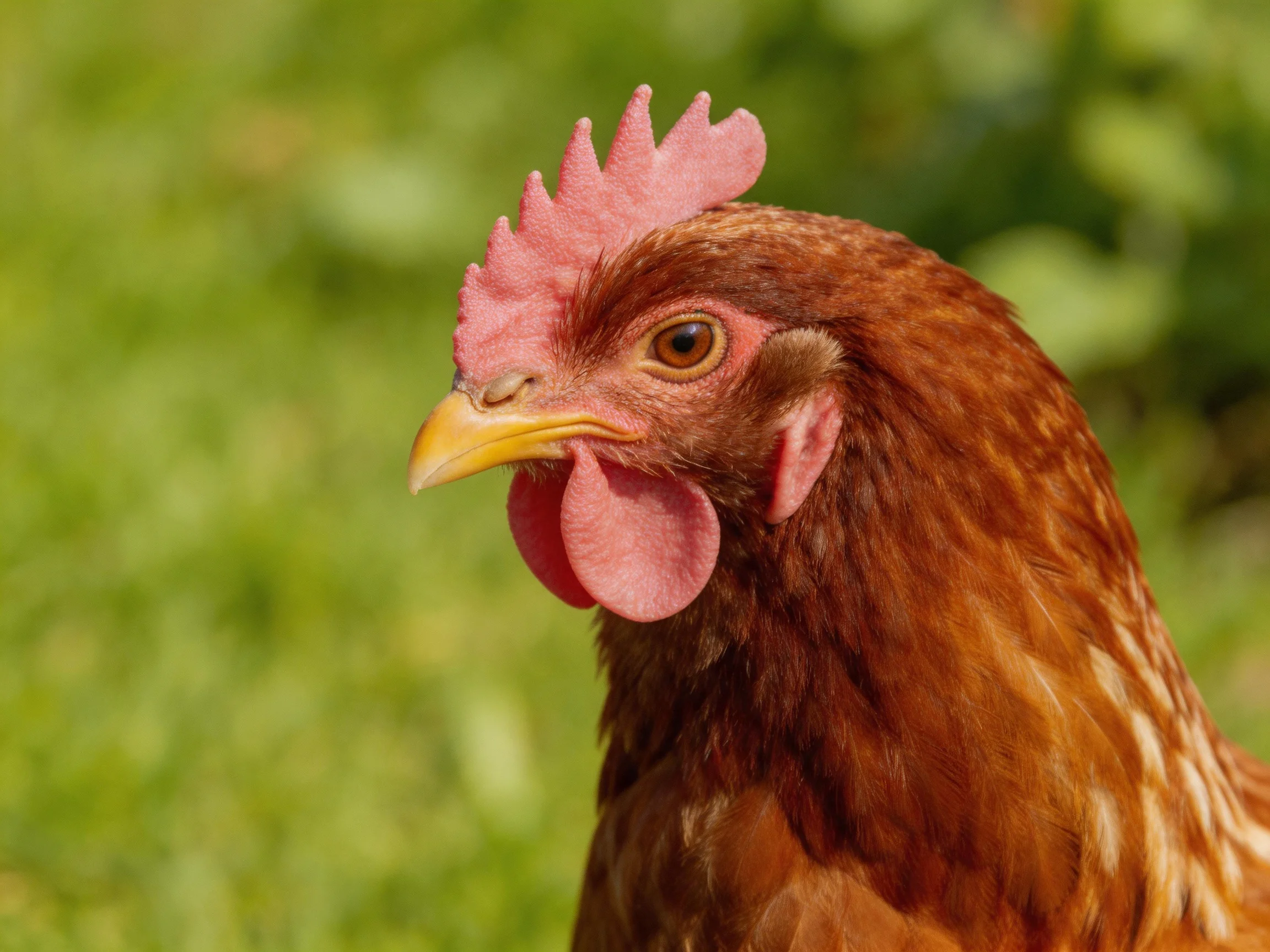 A close - up of a reddish - brown hen with pink comb and wattles