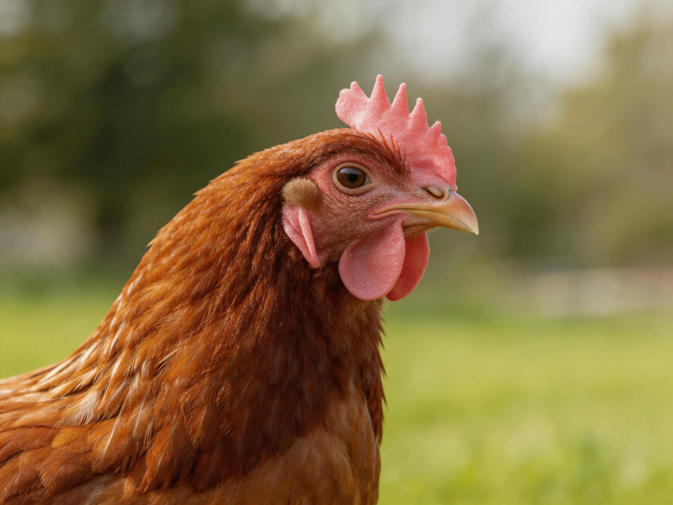 A close - up of a reddish - brown hen with pink comb and wattles in an outdoor field