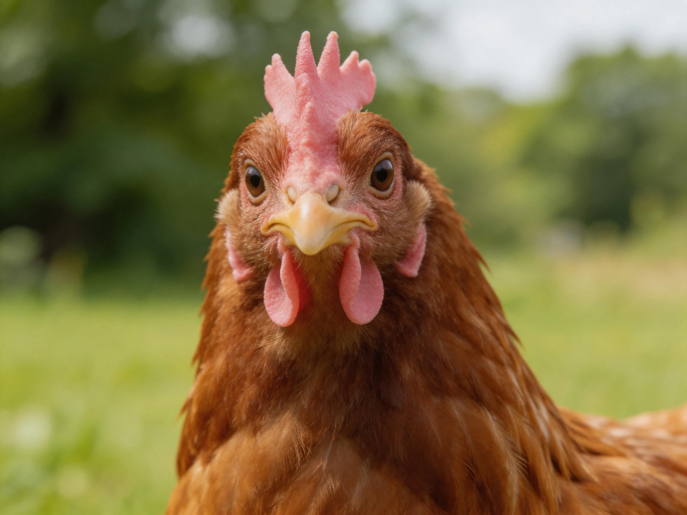 A close - up of a reddish - brown hen with pink comb and wattles outdoors