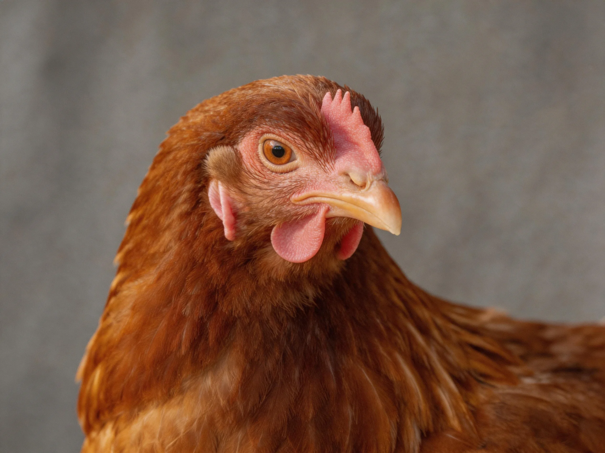 A close-up of a reddish-brown hen with pink facial features