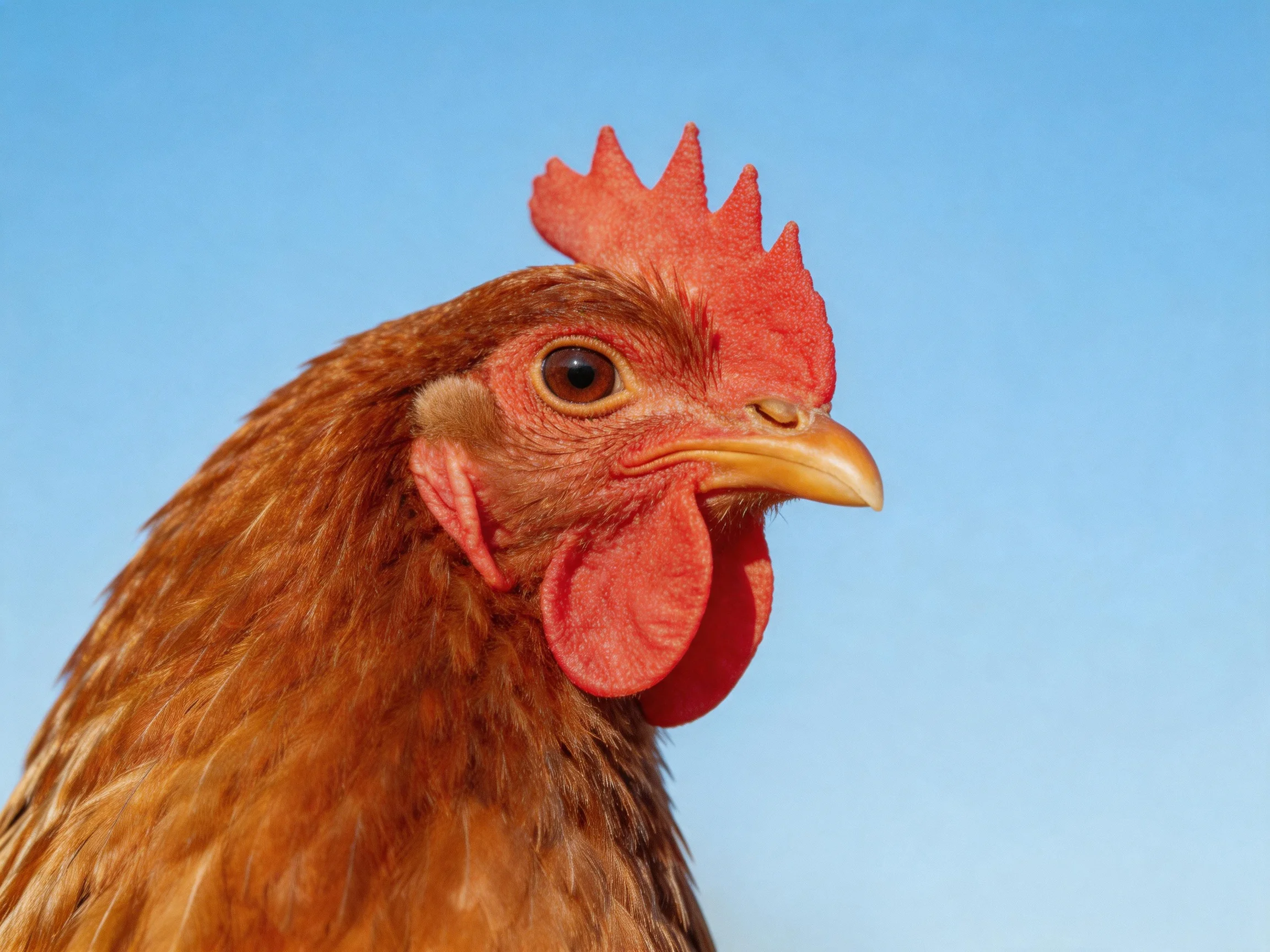 A close - up of a reddish - brown hen with vibrant red comb against clear blue sky