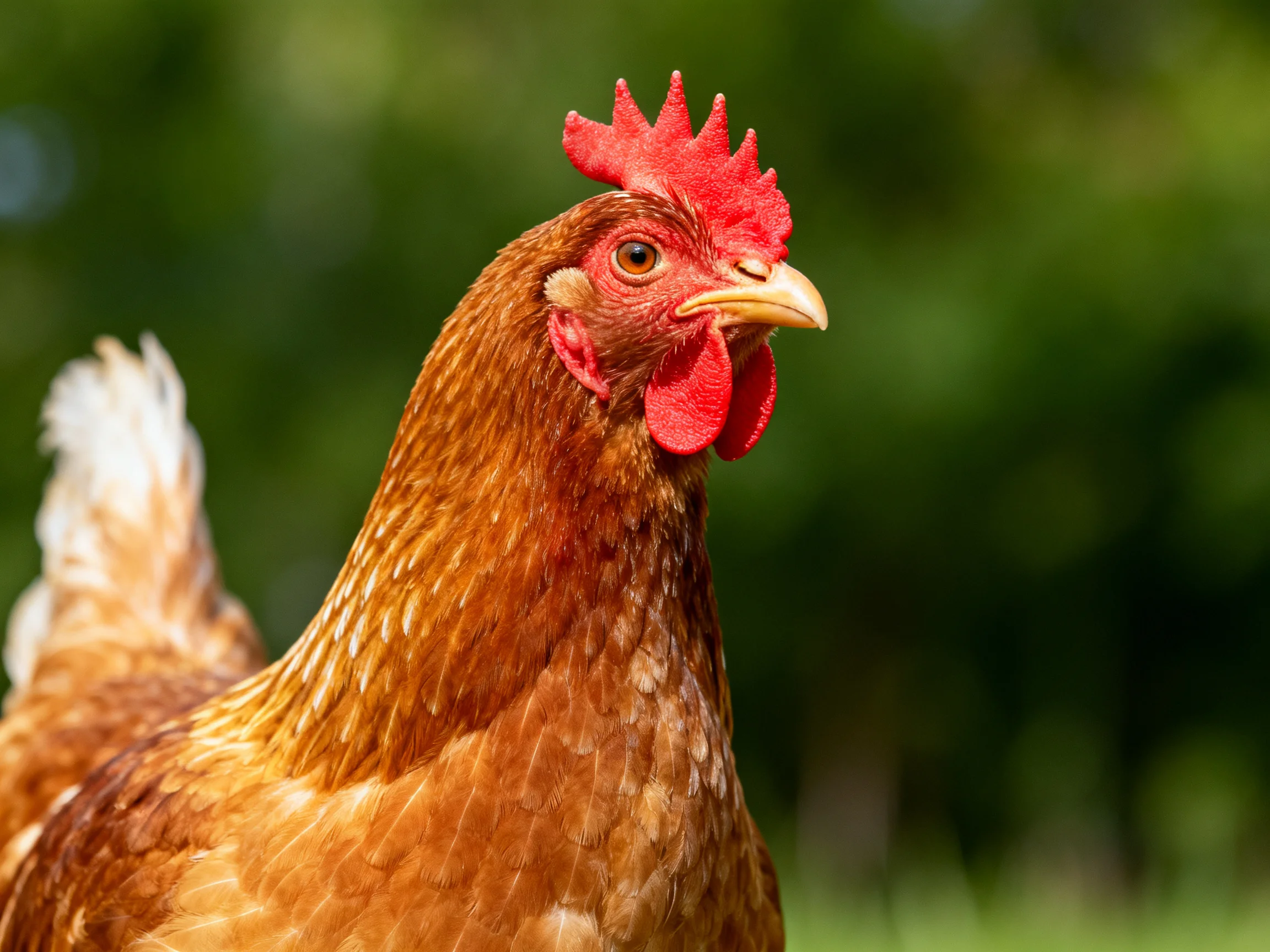 A close-up of a reddish-brown hen with vibrant red comb and wattles