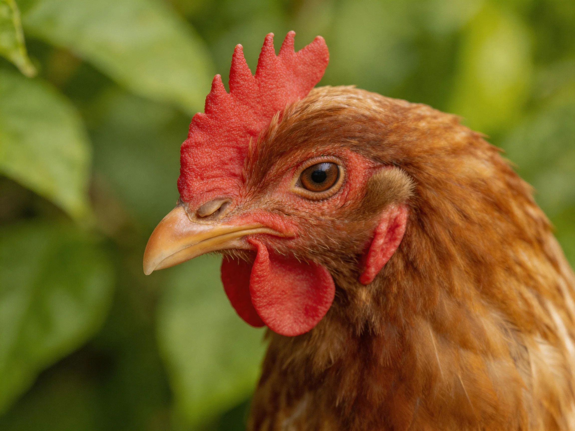 A close - up of a reddish - brown hen with vibrant red comb and wattles