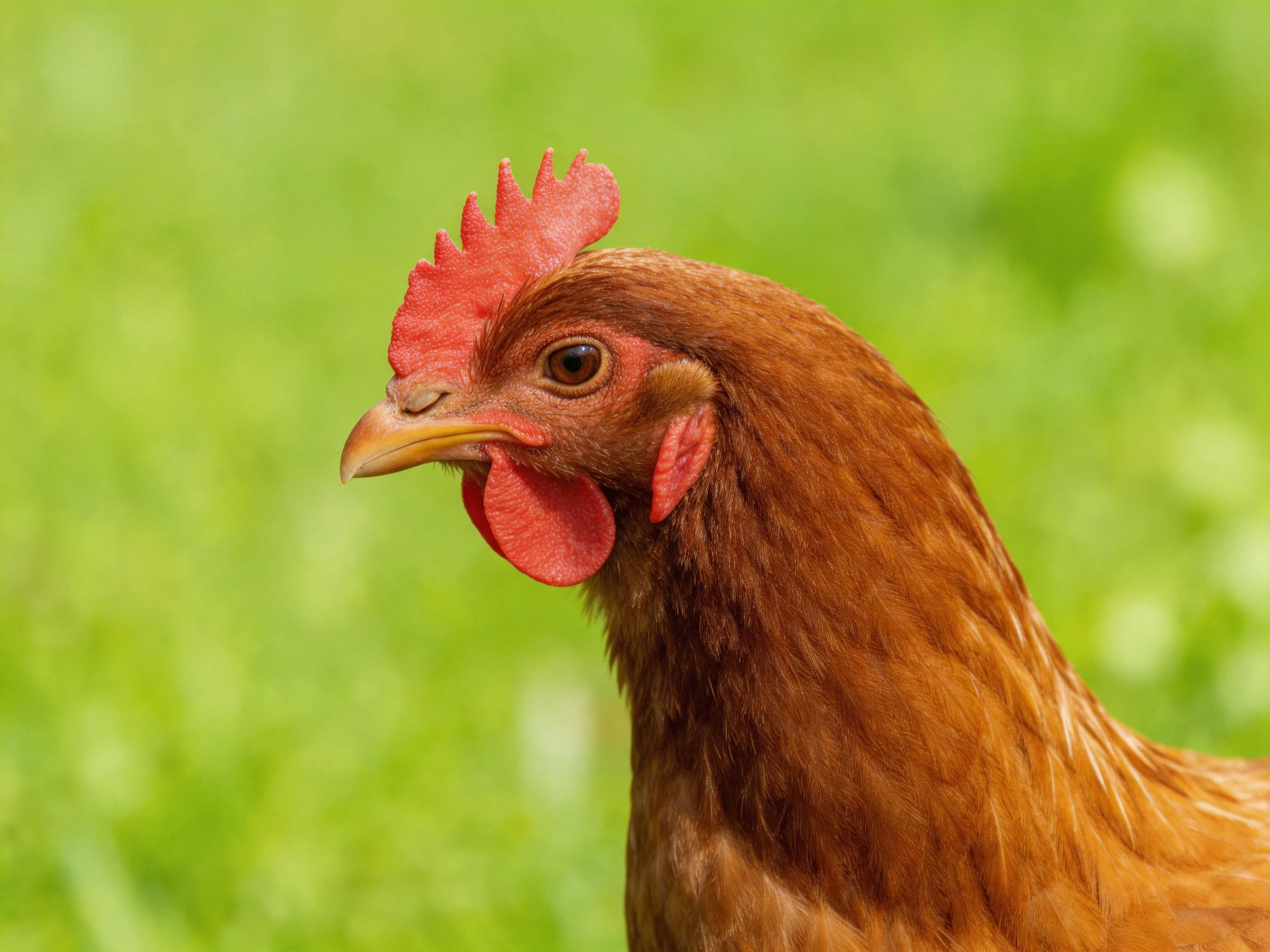 A close - up of a reddish - brown hen with vibrant red comb and wattles