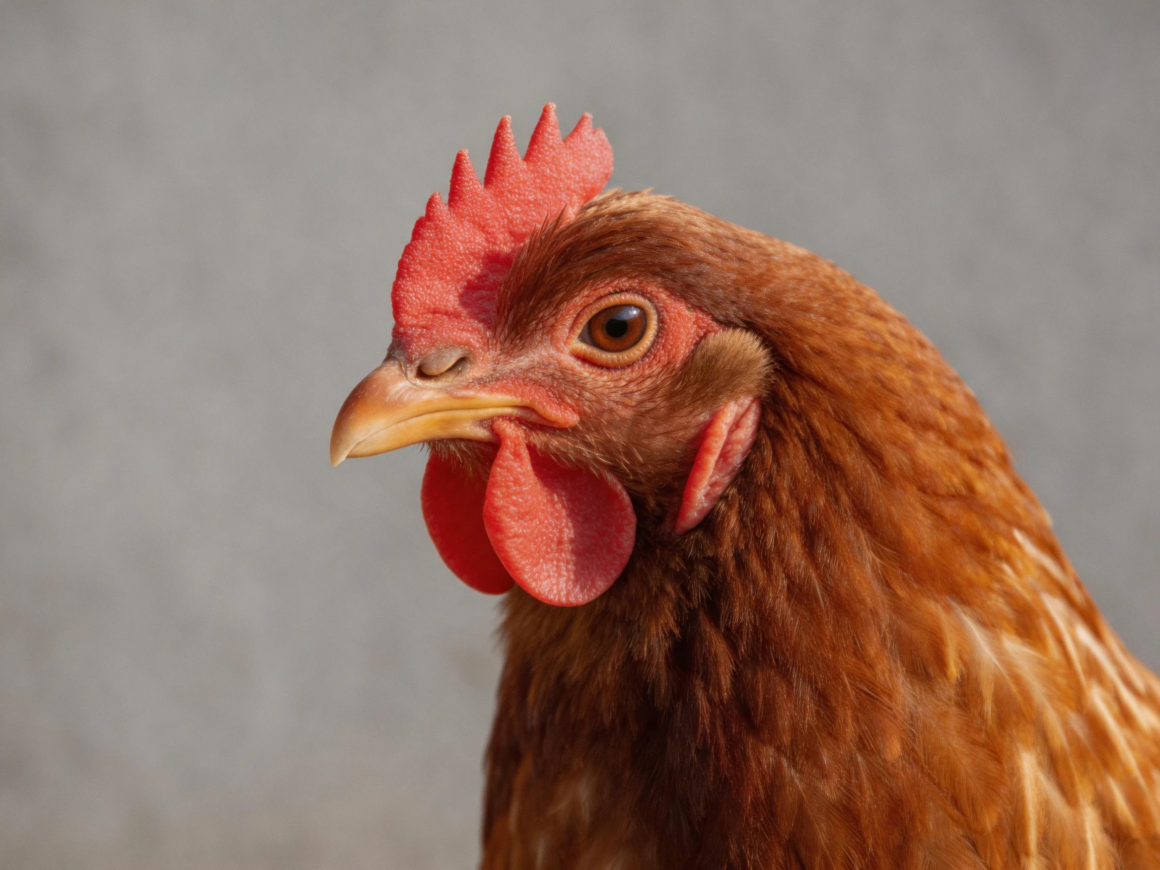 A close-up reveals a reddish-brown hen with striking red facial features.
