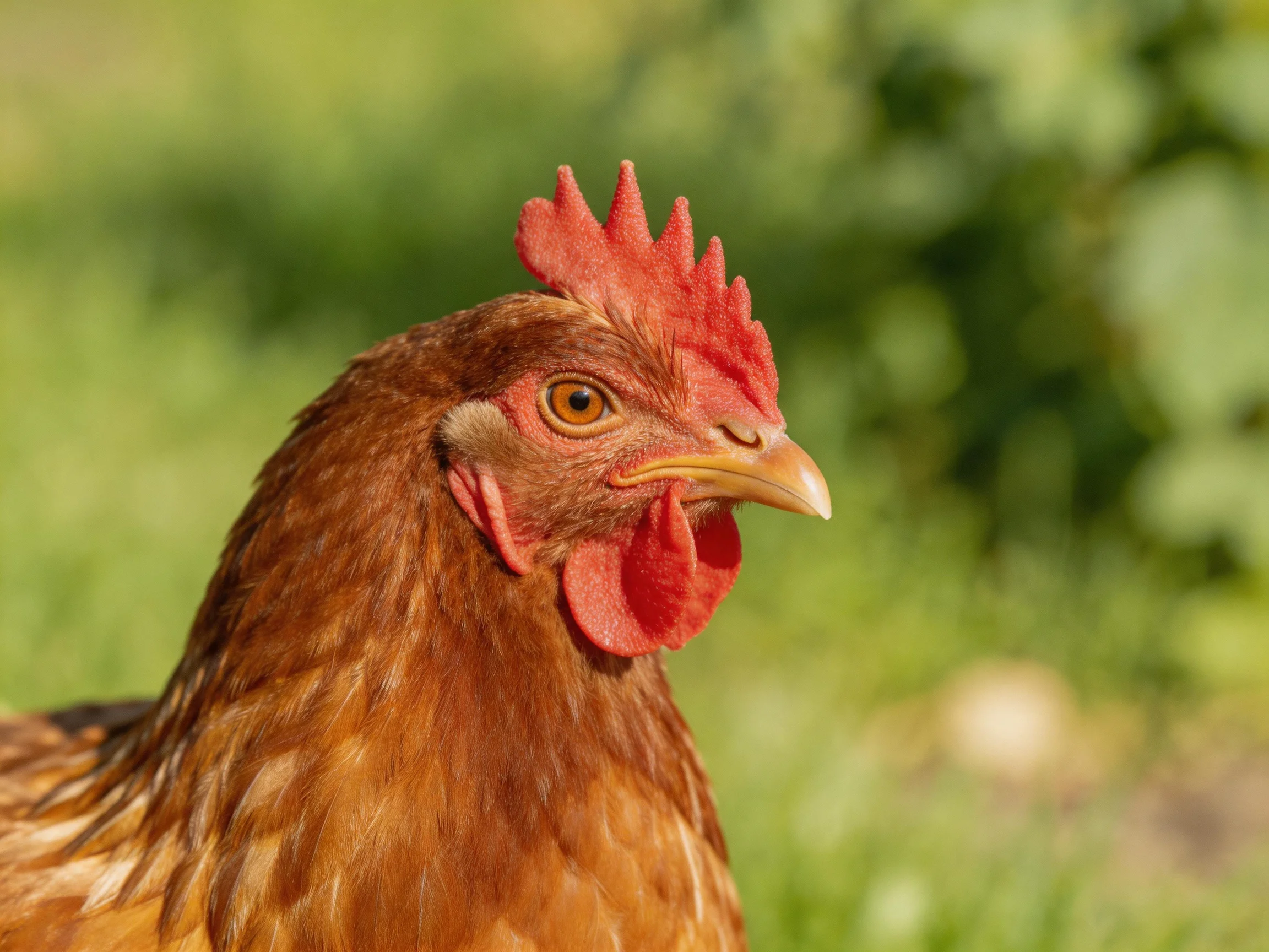 A close - up of a reddish - brown hen with vibrant red comb outdoors