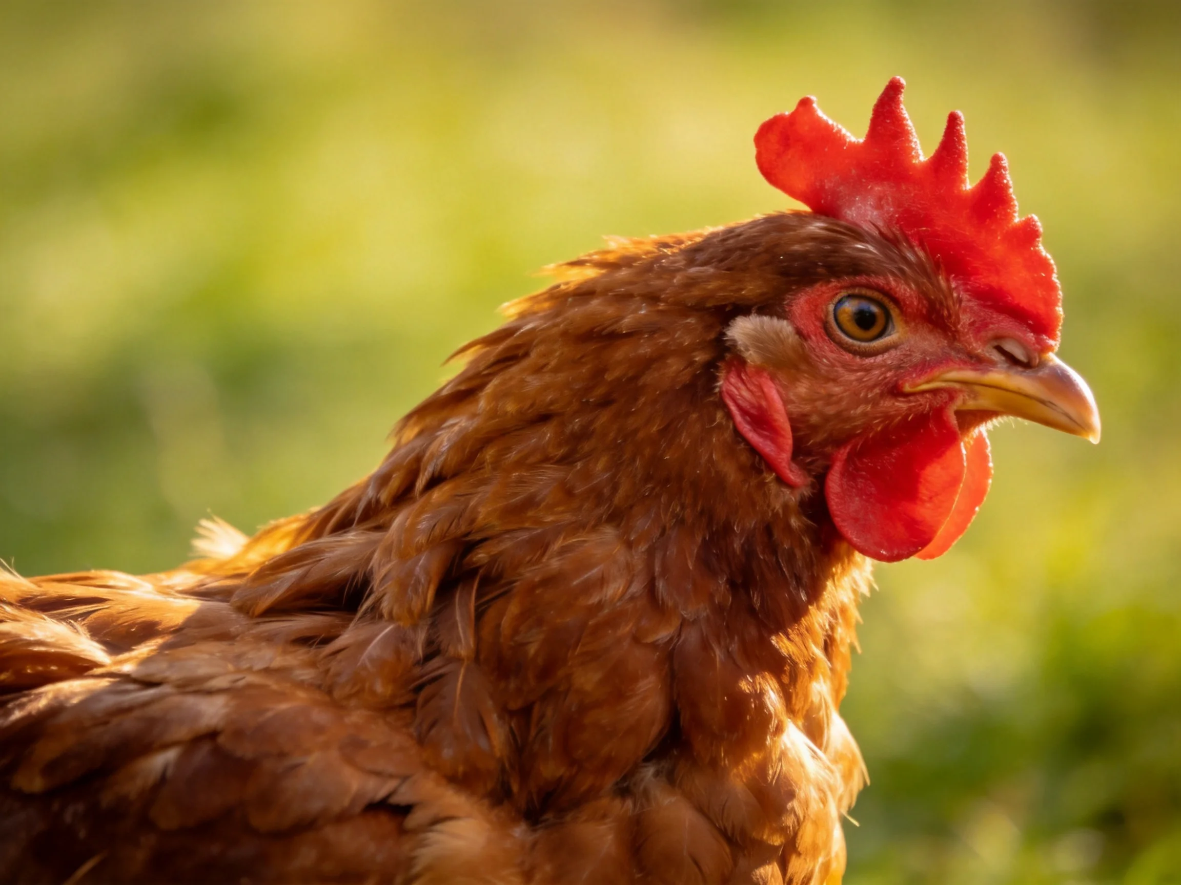 A close-up of a reddish-brown hen with vibrant red comb