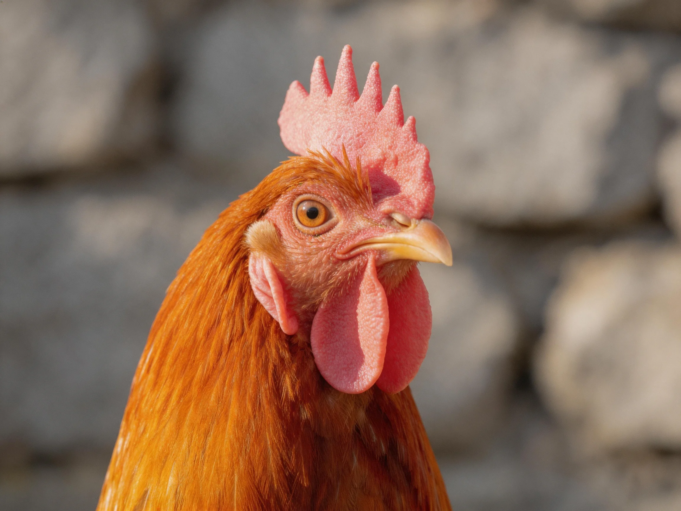A close - up of a reddish - brown rooster with pink comb and wattles