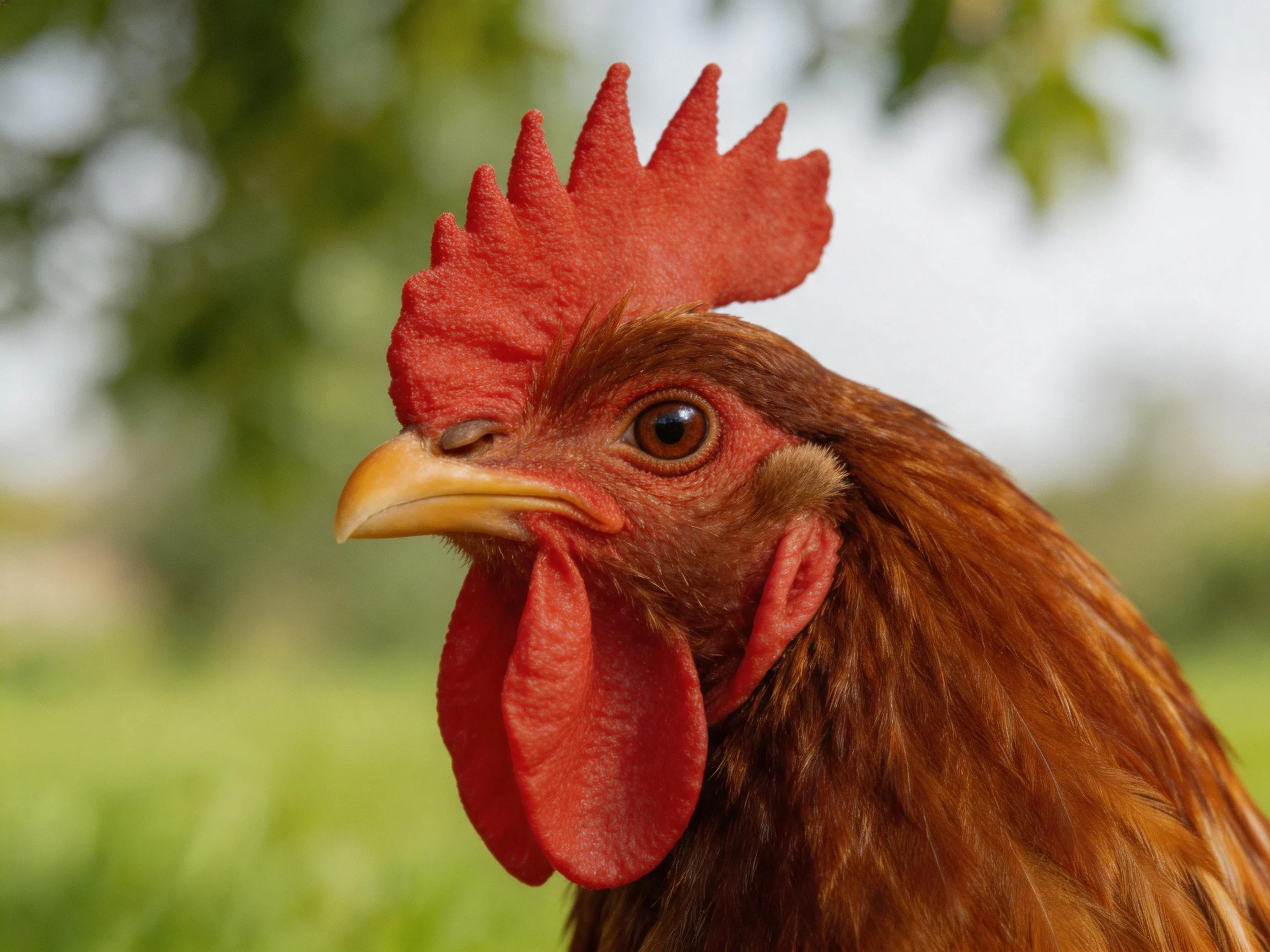 A rooster with vivid red comb and wattles is centered against a softly blurred natural backdrop.
