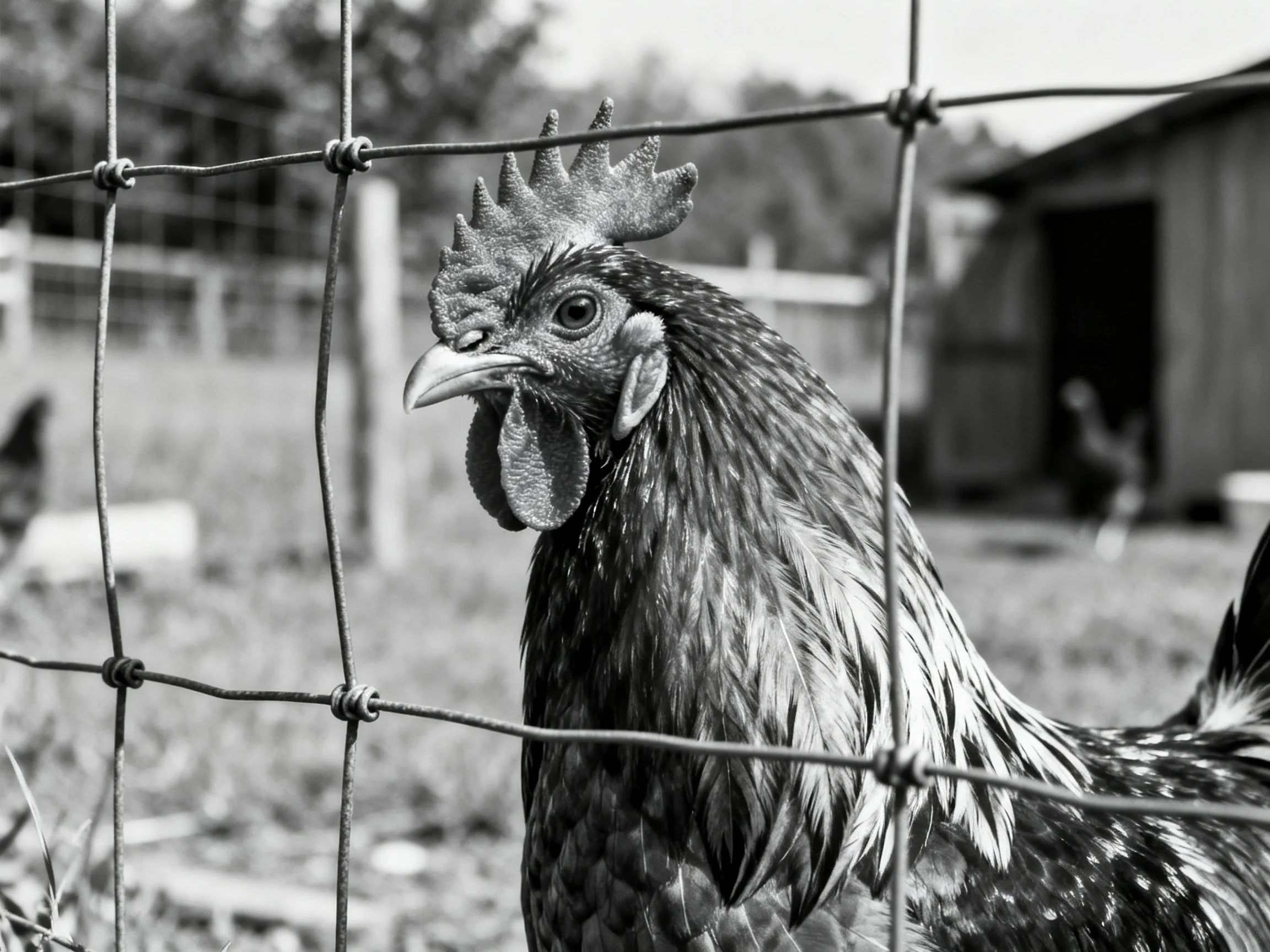 A close - up of a rooster behind a wire fence on a rural farm