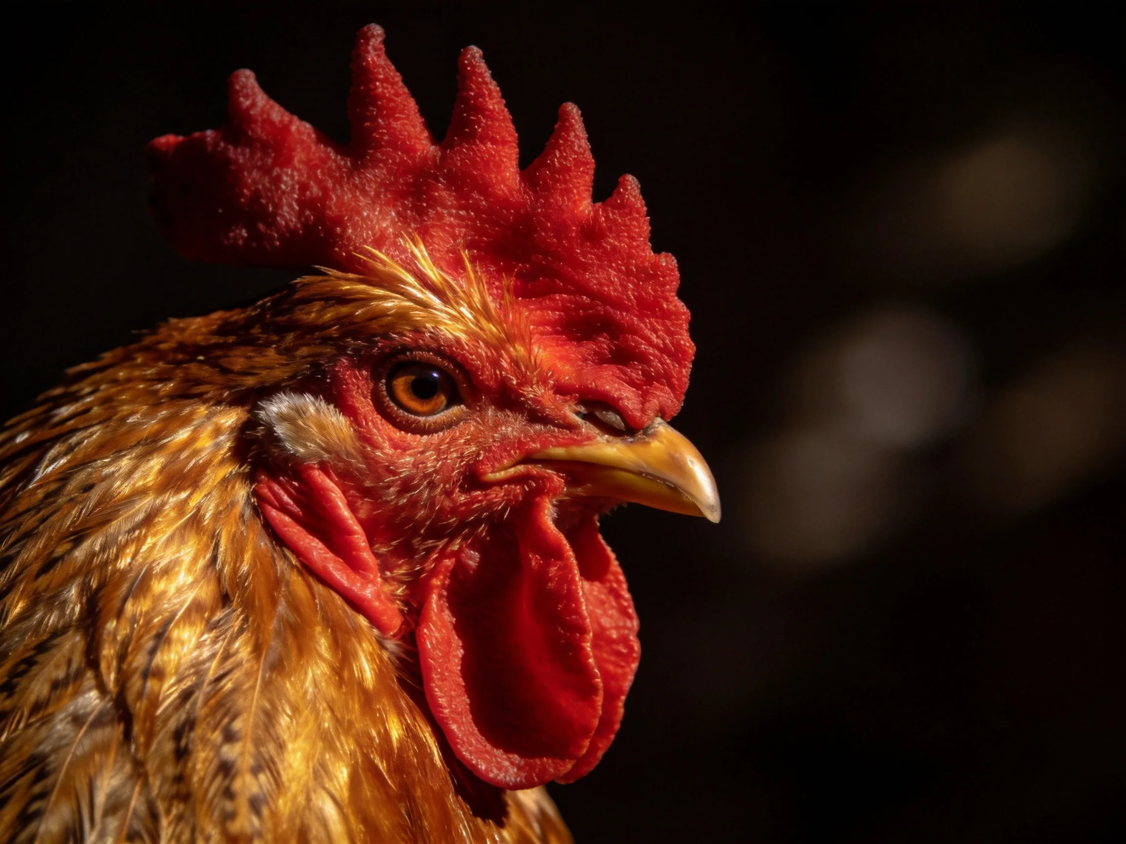 A close-up of a rooster with bright red comb and golden-brown feathers