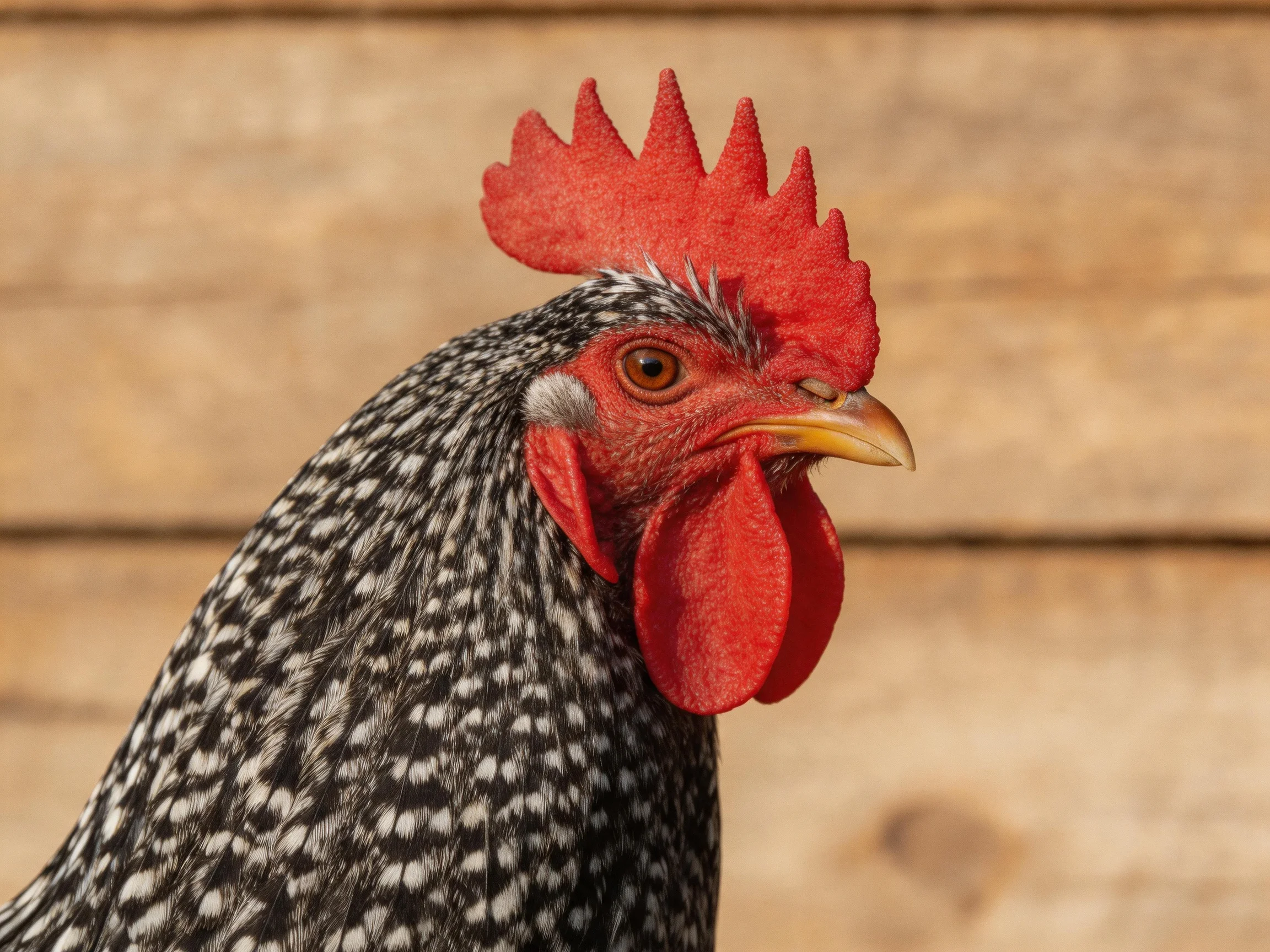 A close-up of a rooster with vibrant red comb and black-and-white speckled plumage