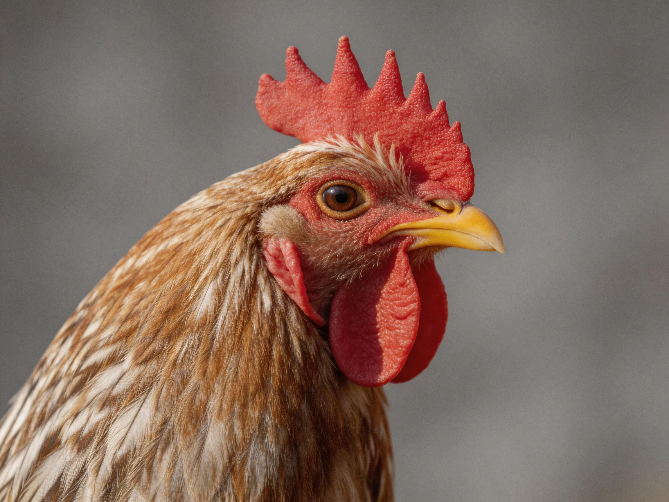 A close-up of a rooster with vibrant red comb and brown-speckled feathers