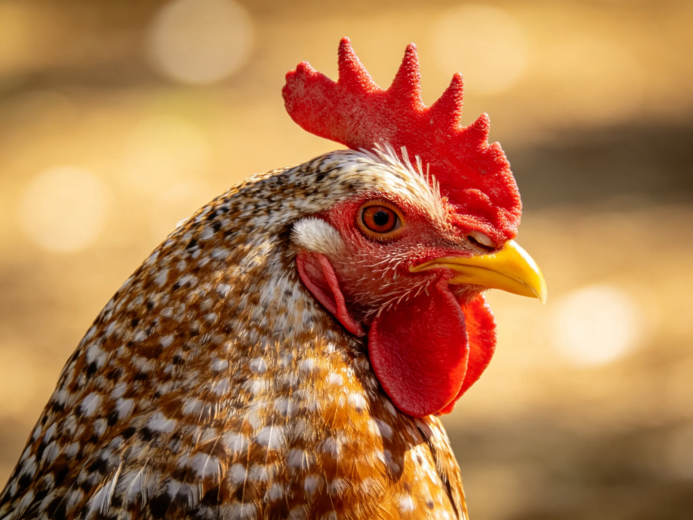 A close - up of a rooster with vibrant red comb and brown - speckled feathers