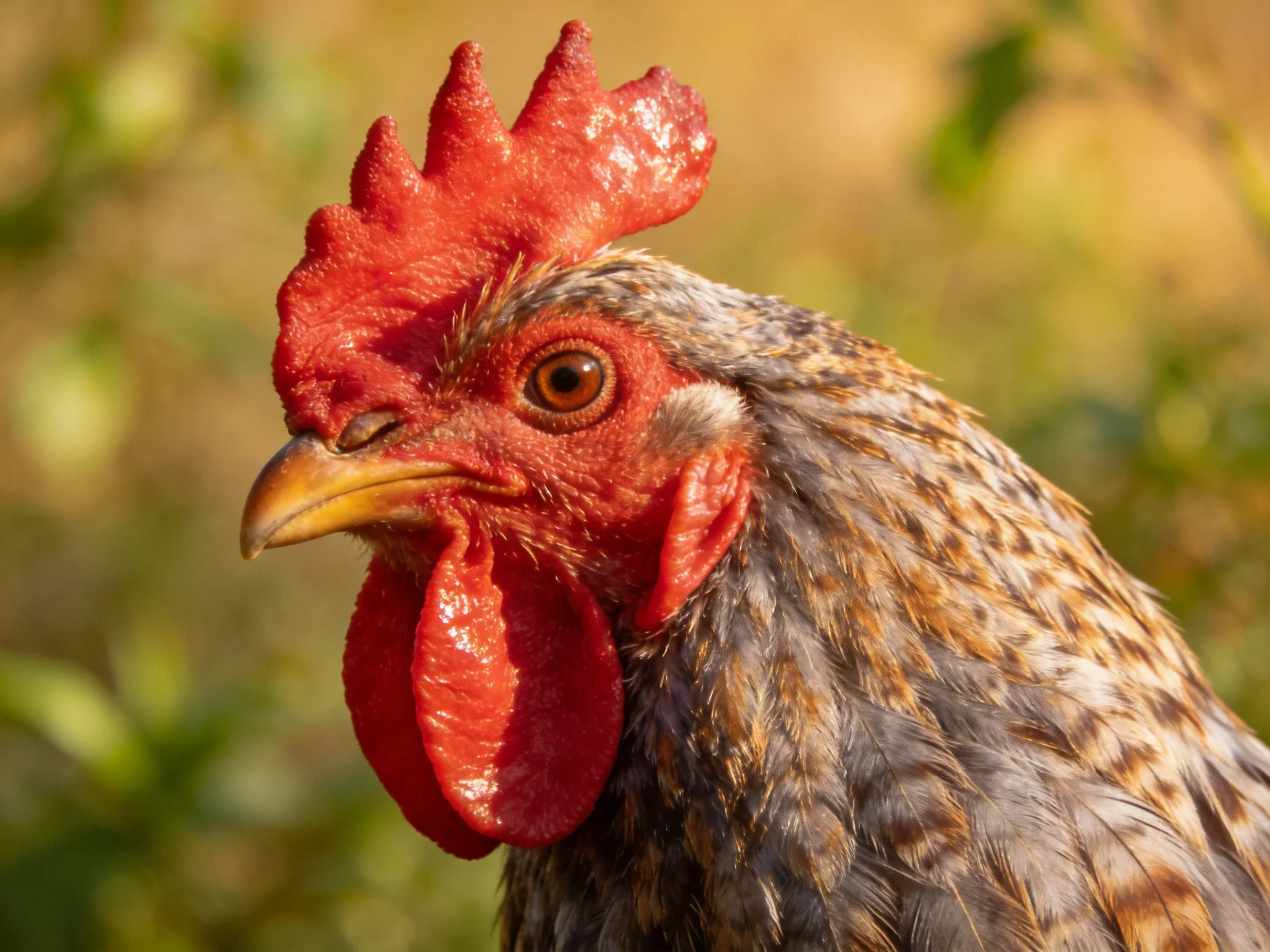 A close - up of a rooster with vibrant red comb and brown - speckled plumage