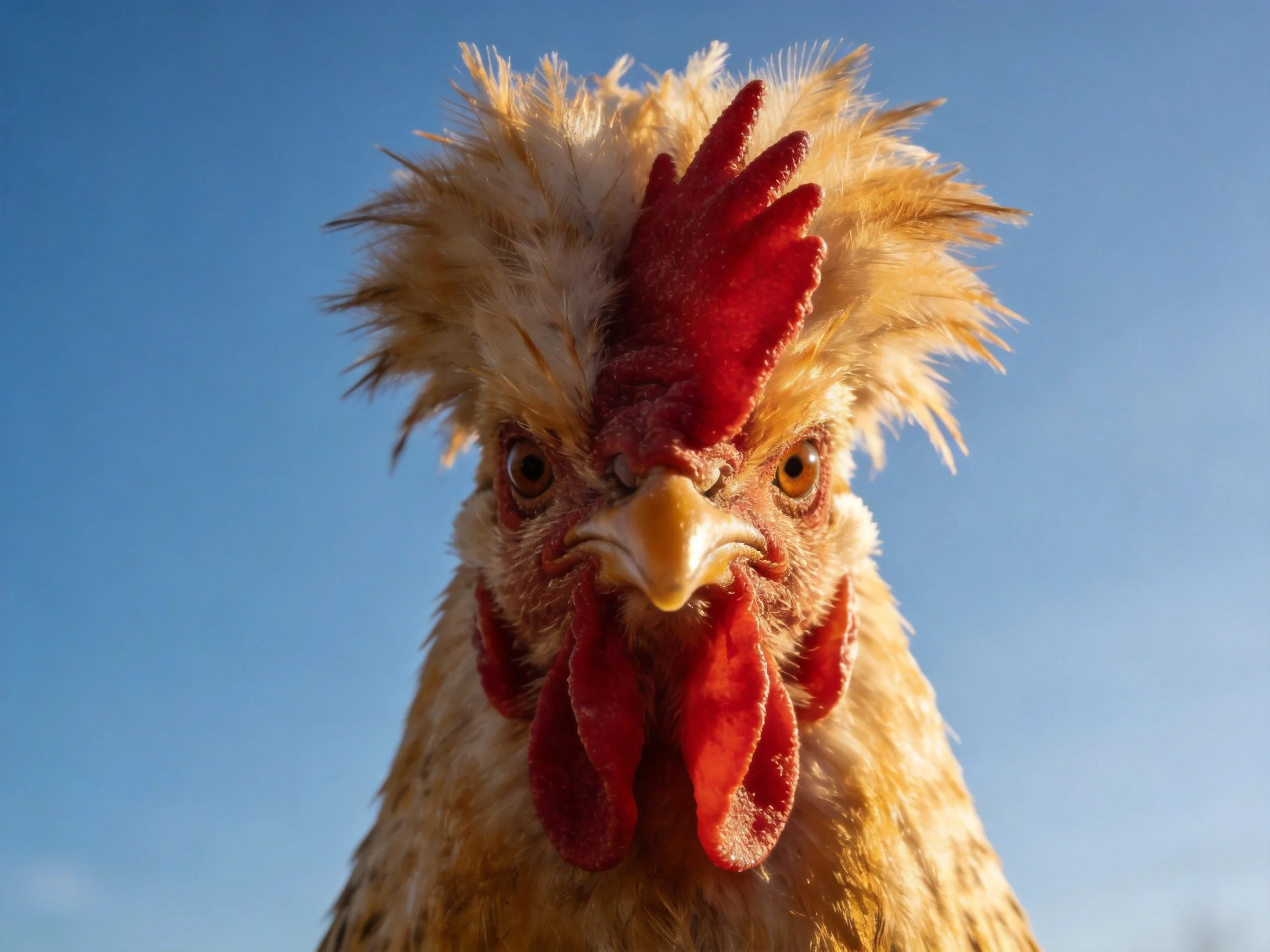 A close-up of a rooster with vibrant red comb and golden-brown feathers againstclear blue sky