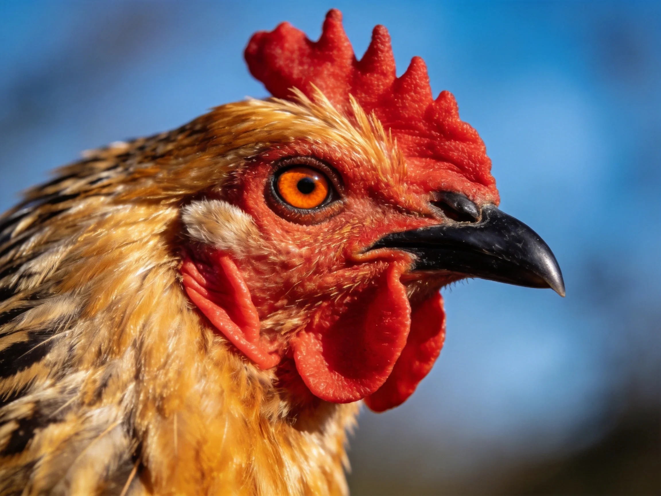 A rooster with a bright red comb and colorful plumage is shown up close.